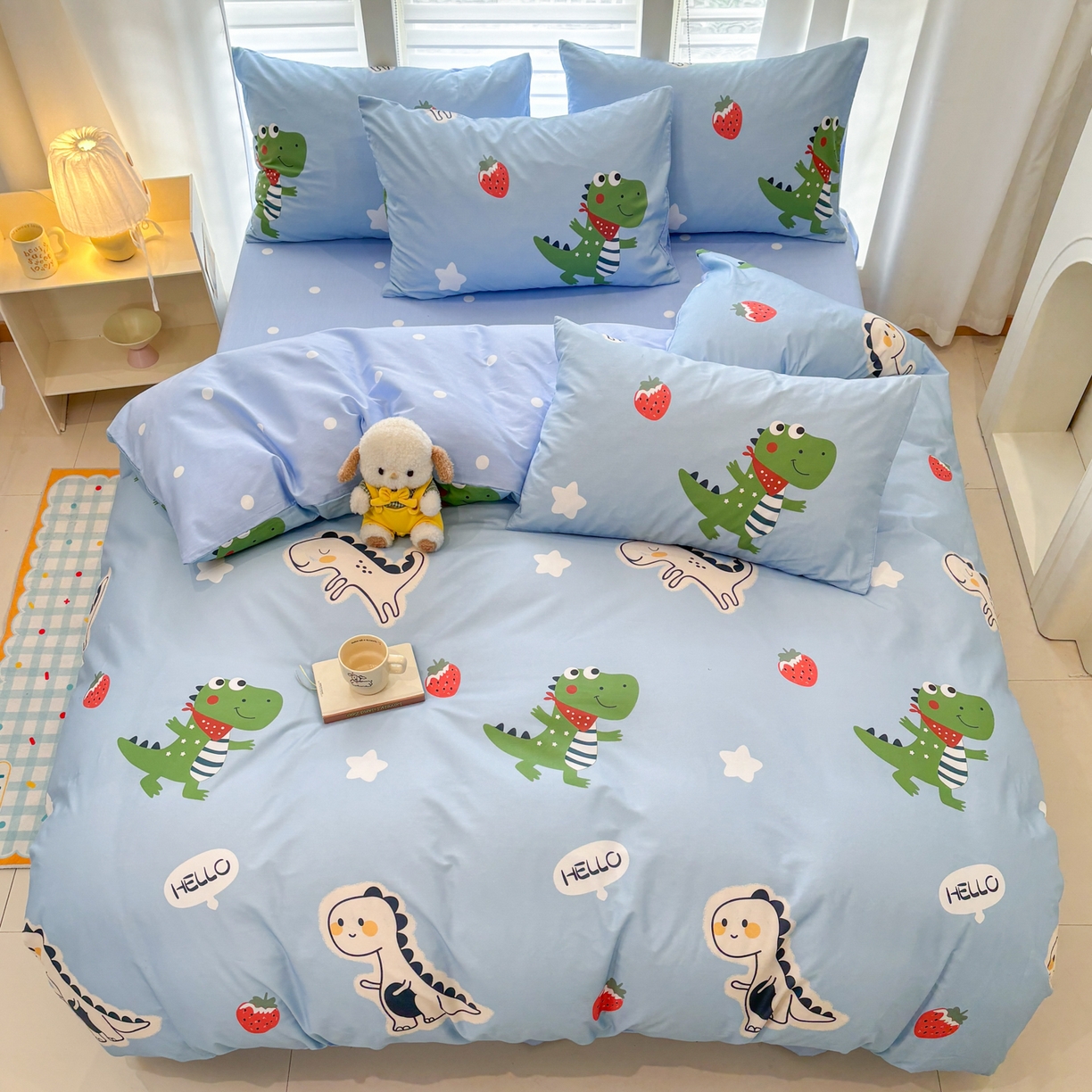 91家纺网 家纺一手货源 找家纺 孩子王家纺 2026新款卡通活性亲全棉纯棉专版太空人恐龙系列四件套 恐龙的早安