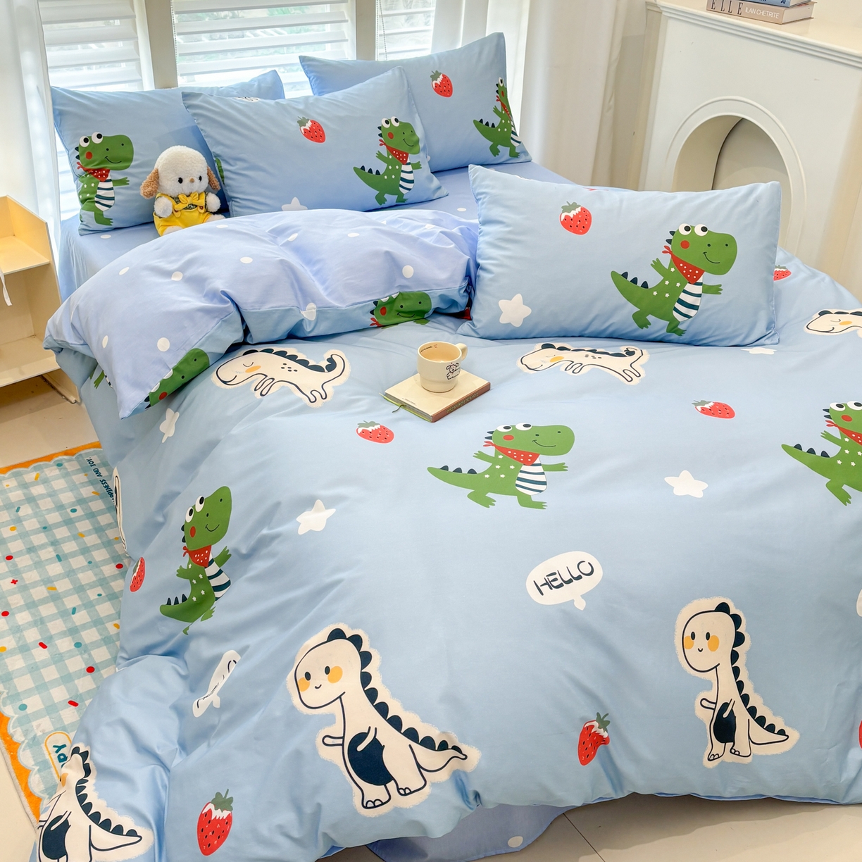 91家纺网 家纺一手货源 找家纺 孩子王家纺 2026新款卡通活性亲全棉纯棉专版太空人恐龙系列四件套 恐龙的早安