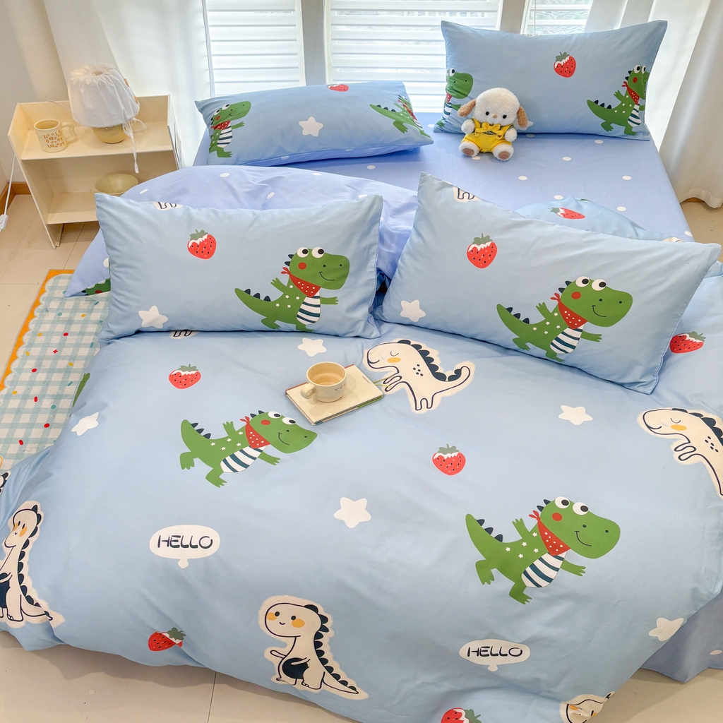 91家纺网 家纺一手货源 找家纺 孩子王家纺 2026新款卡通活性亲全棉纯棉专版太空人恐龙系列四件套 恐龙的早安