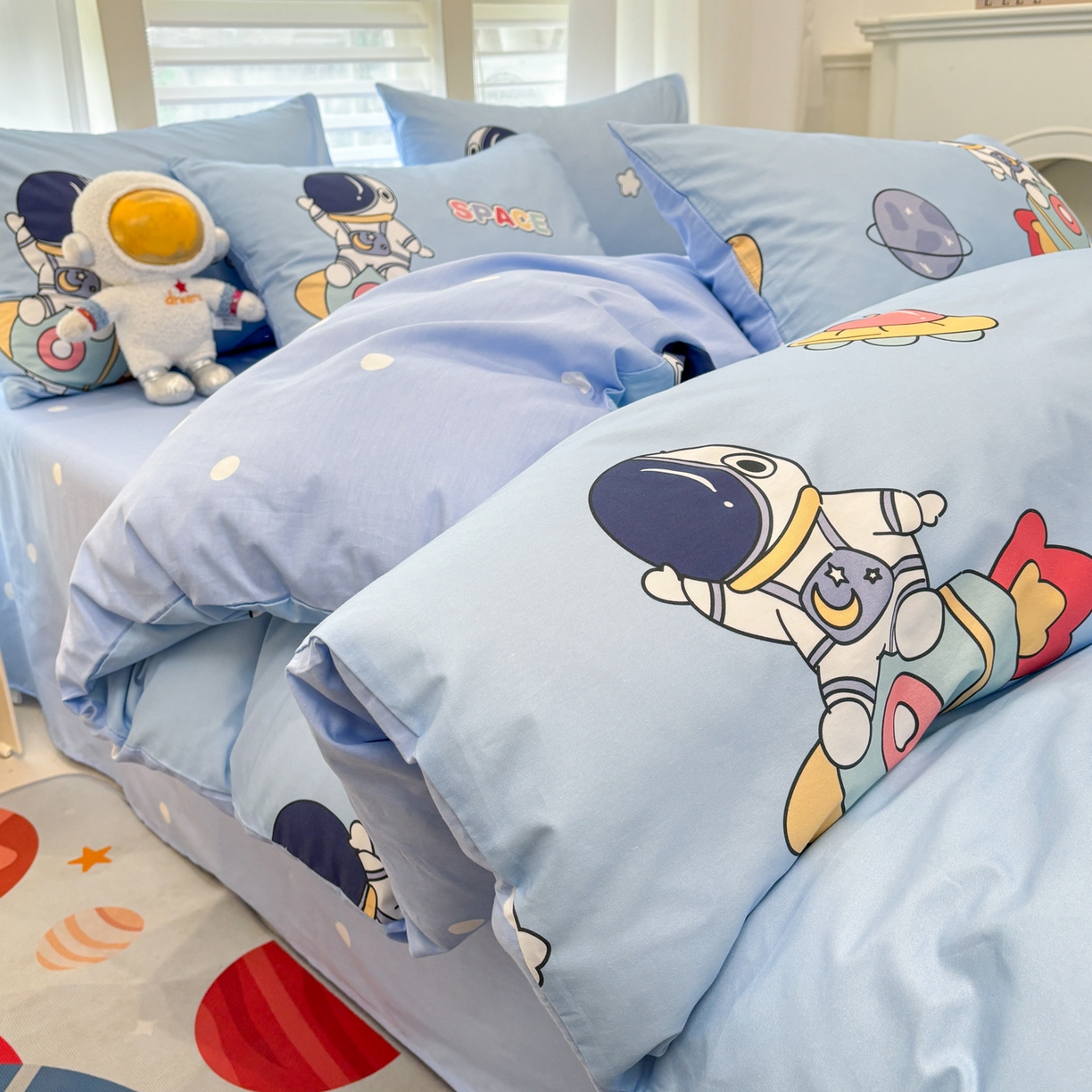 孩子王家纺 2026新款卡通活性亲全棉纯棉专版太空人恐龙系列四件套 蓝星火箭