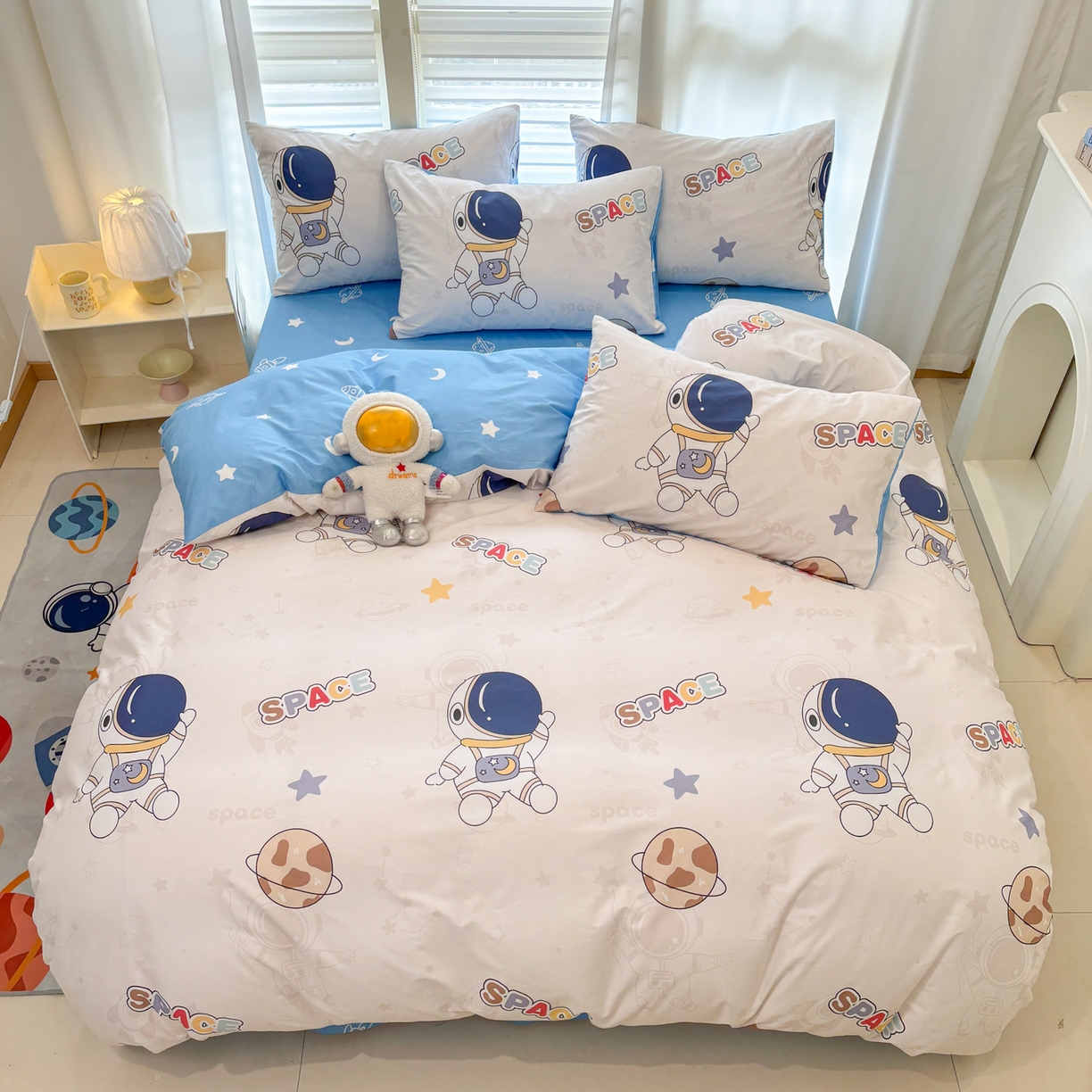 91家纺网 家纺一手货源 找家纺 孩子王家纺 2026新款卡通活性亲全棉纯棉专版太空人恐龙系列四件套 太空领航员