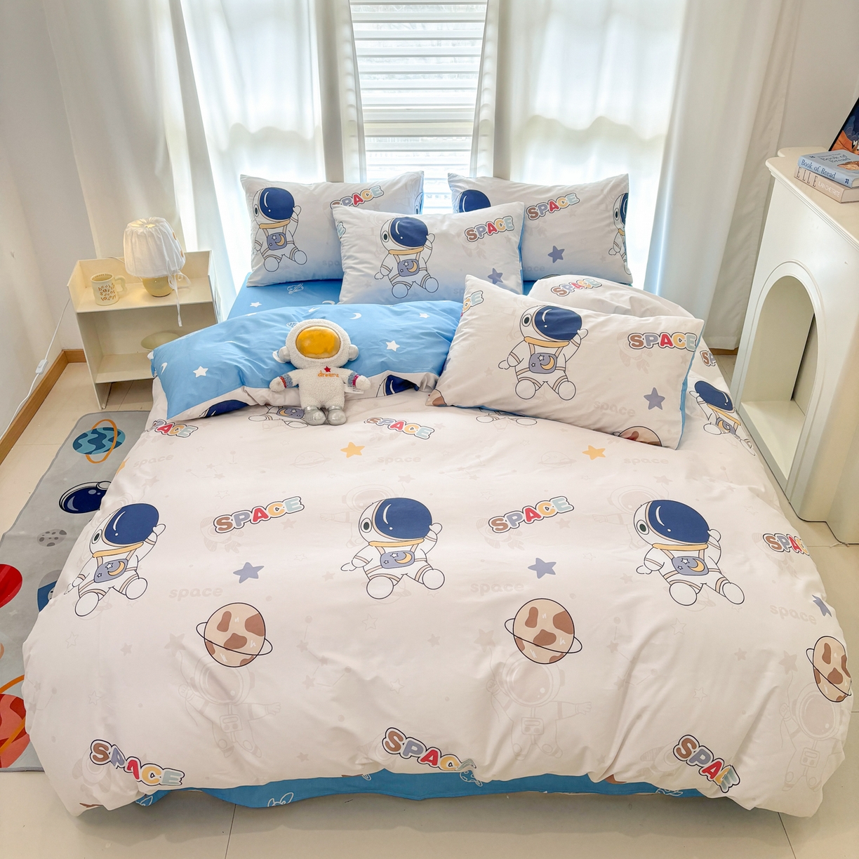 91家纺网 家纺一手货源 找家纺 孩子王家纺 2026新款卡通活性亲全棉纯棉专版太空人恐龙系列四件套 太空领航员