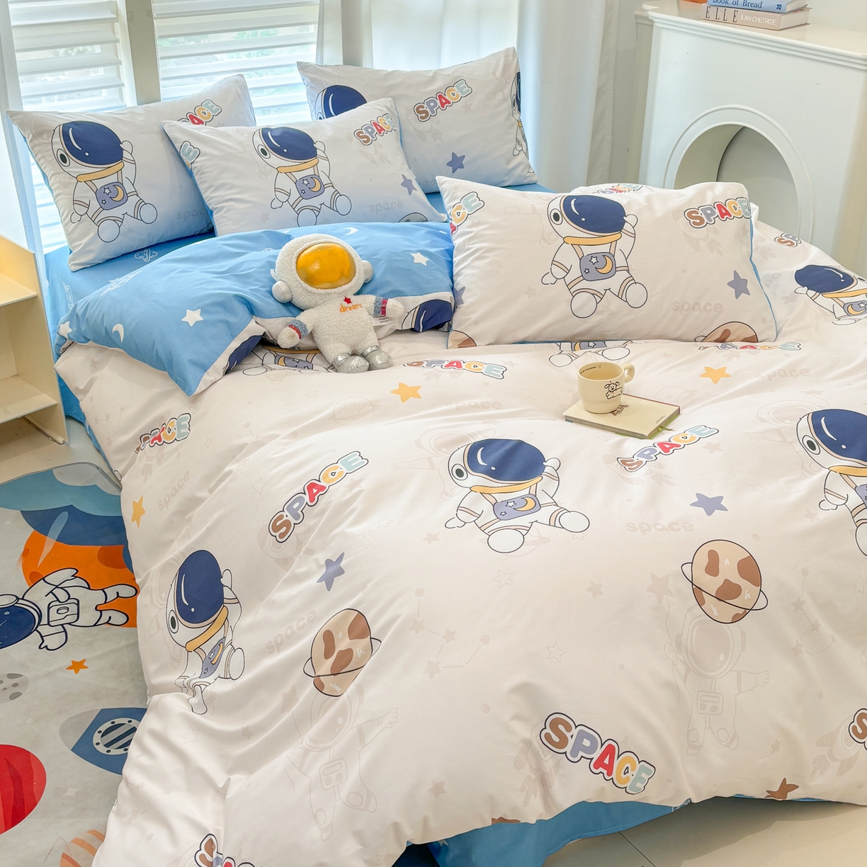 91家纺网 家纺一手货源 找家纺 孩子王家纺 2026新款卡通活性亲全棉纯棉专版太空人恐龙系列四件套 太空领航员