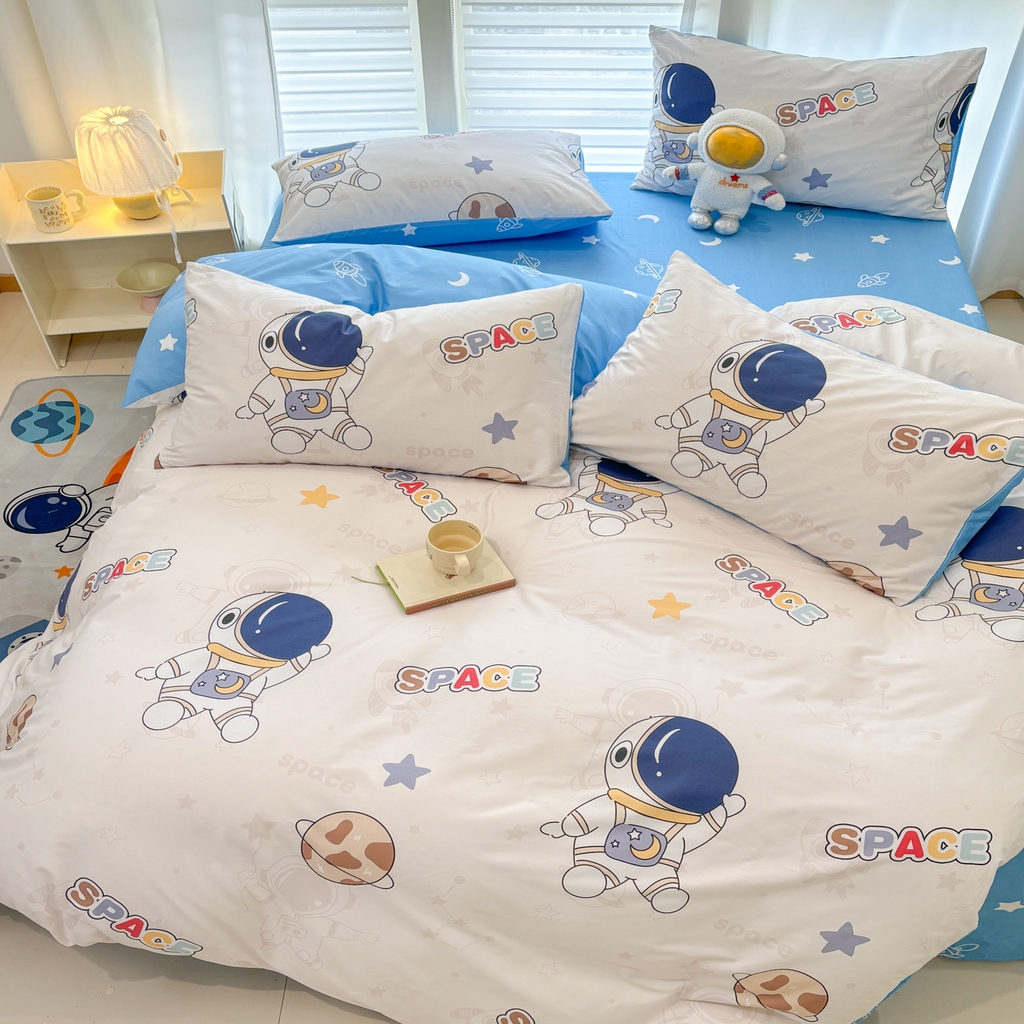 91家纺网 家纺一手货源 找家纺 孩子王家纺 2026新款卡通活性亲全棉纯棉专版太空人恐龙系列四件套 太空领航员