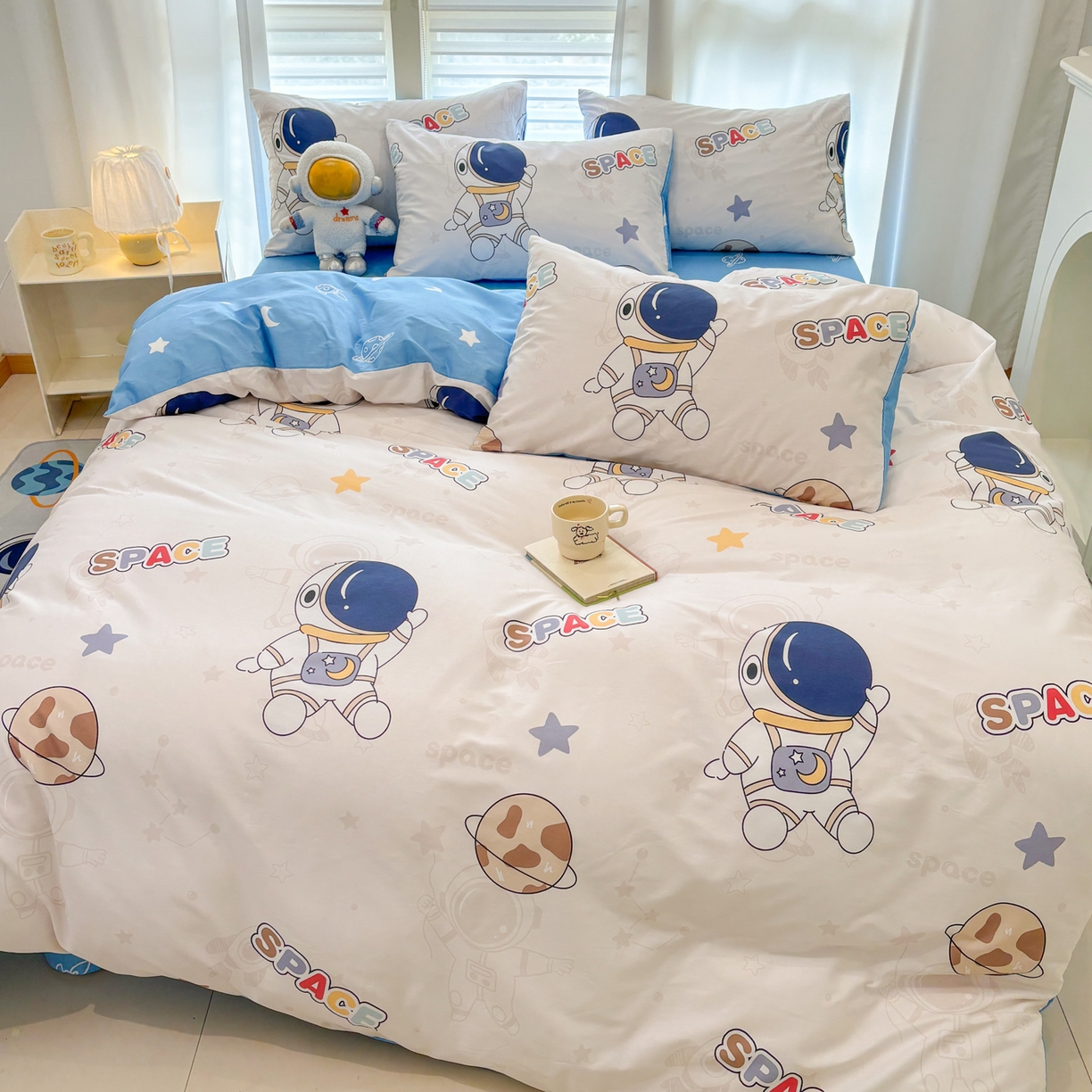 91家纺网 家纺一手货源 找家纺 孩子王家纺 2026新款卡通活性亲全棉纯棉专版太空人恐龙系列四件套 太空领航员