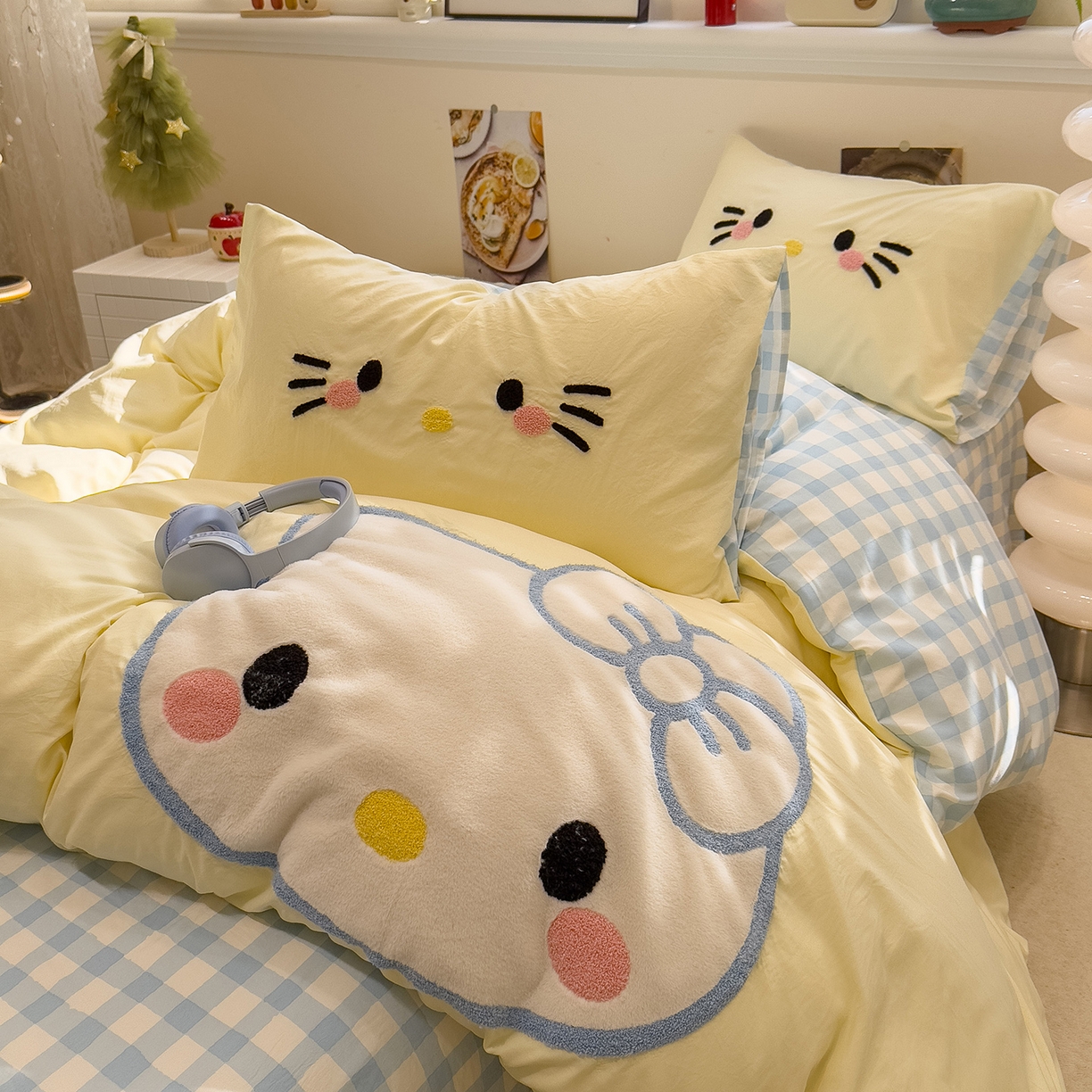 91家纺网 家纺一手货源 找家纺 （总）曼谷家纺 2026年 水洗棉兔毛贴布绣萌小甜四件套被套床单学生双人