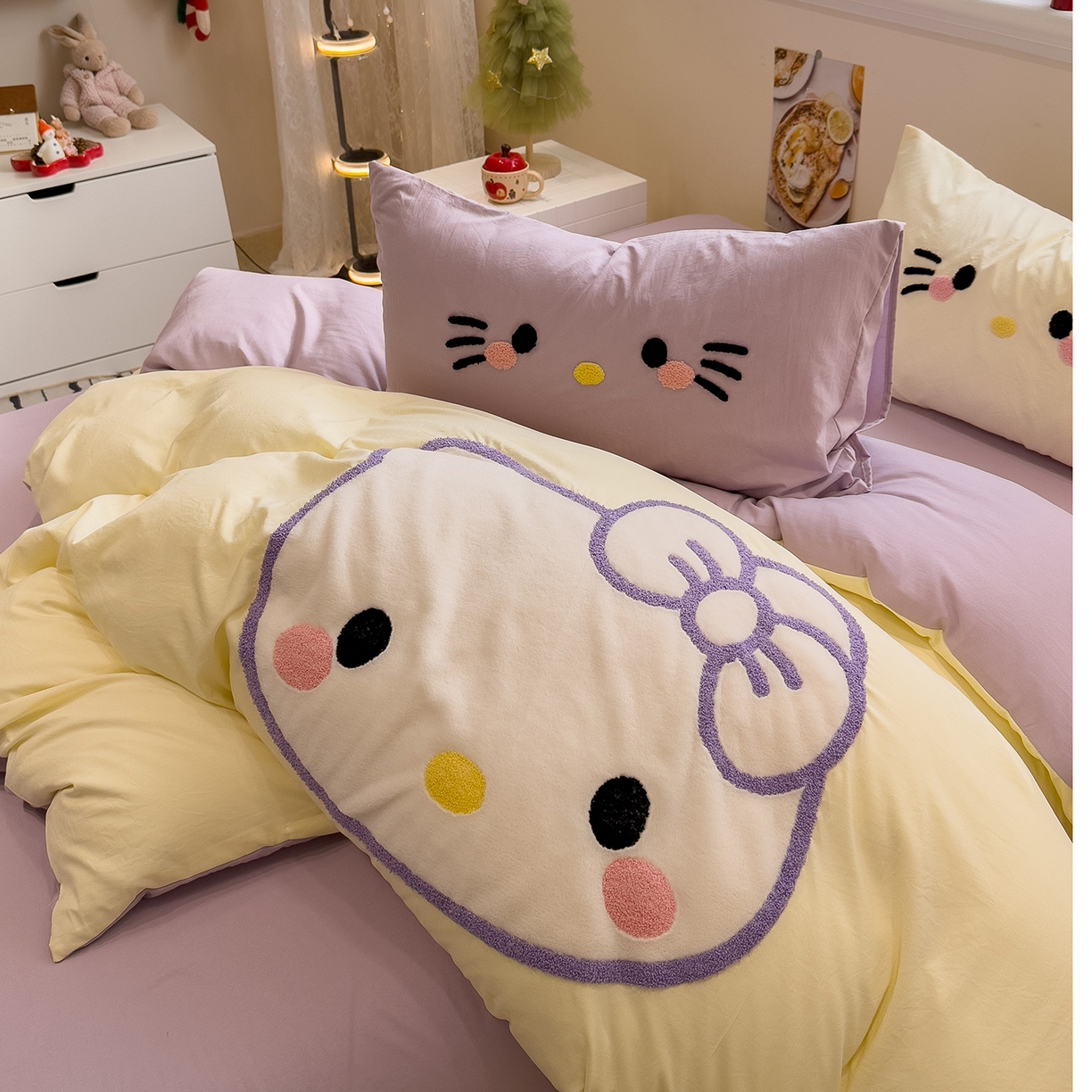 91家纺网 家纺一手货源 找家纺 曼谷家纺 2026年 水洗棉兔毛贴布绣萌小甜四件套被套床单学生双人 萌小甜-芝士紫