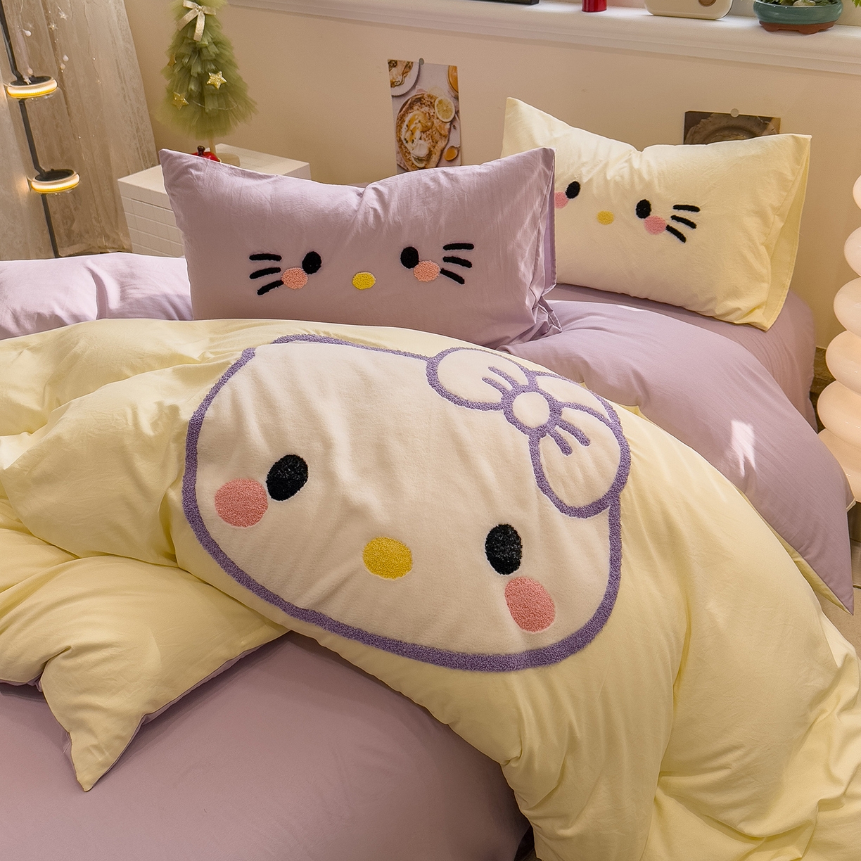 曼谷家纺 2026年 水洗棉兔毛贴布绣萌小甜四件套被套床单学生双人 萌小甜-芝士紫