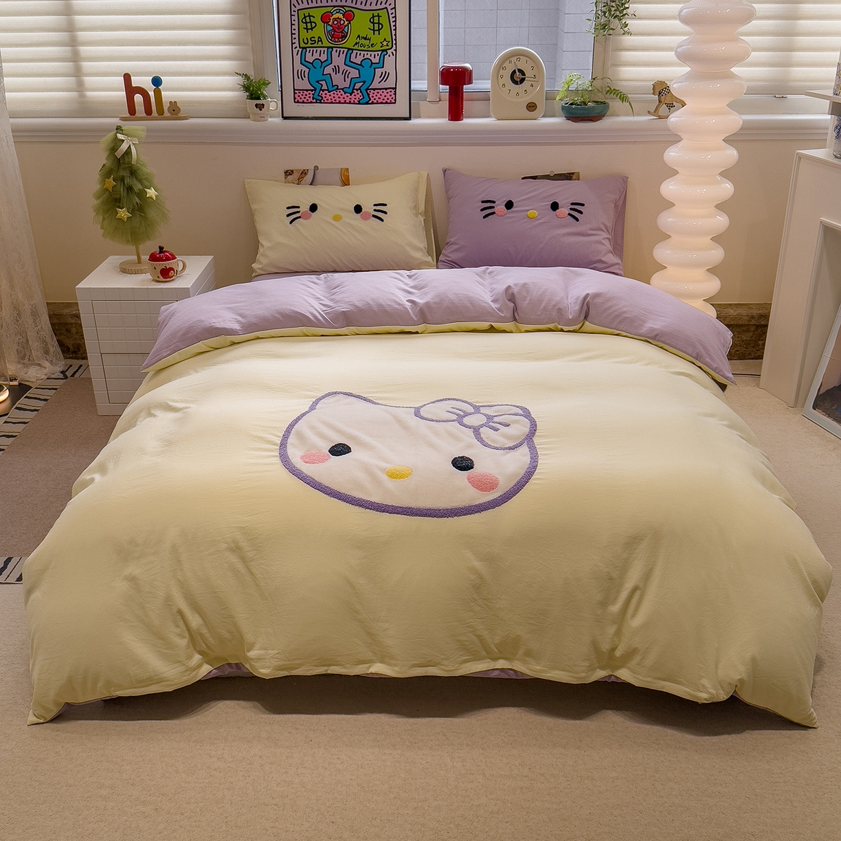 91家纺网 家纺一手货源 找家纺 曼谷家纺 2026年 水洗棉兔毛贴布绣萌小甜四件套被套床单学生双人 萌小甜-芝士紫