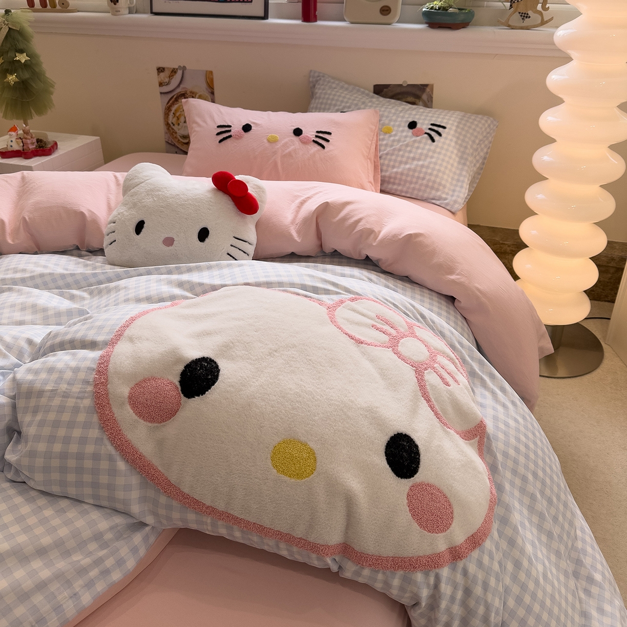 91家纺网 家纺一手货源 找家纺 曼谷家纺 2026年 水洗棉兔毛贴布绣萌小甜四件套被套床单学生双人 萌小甜-蓝小格粉