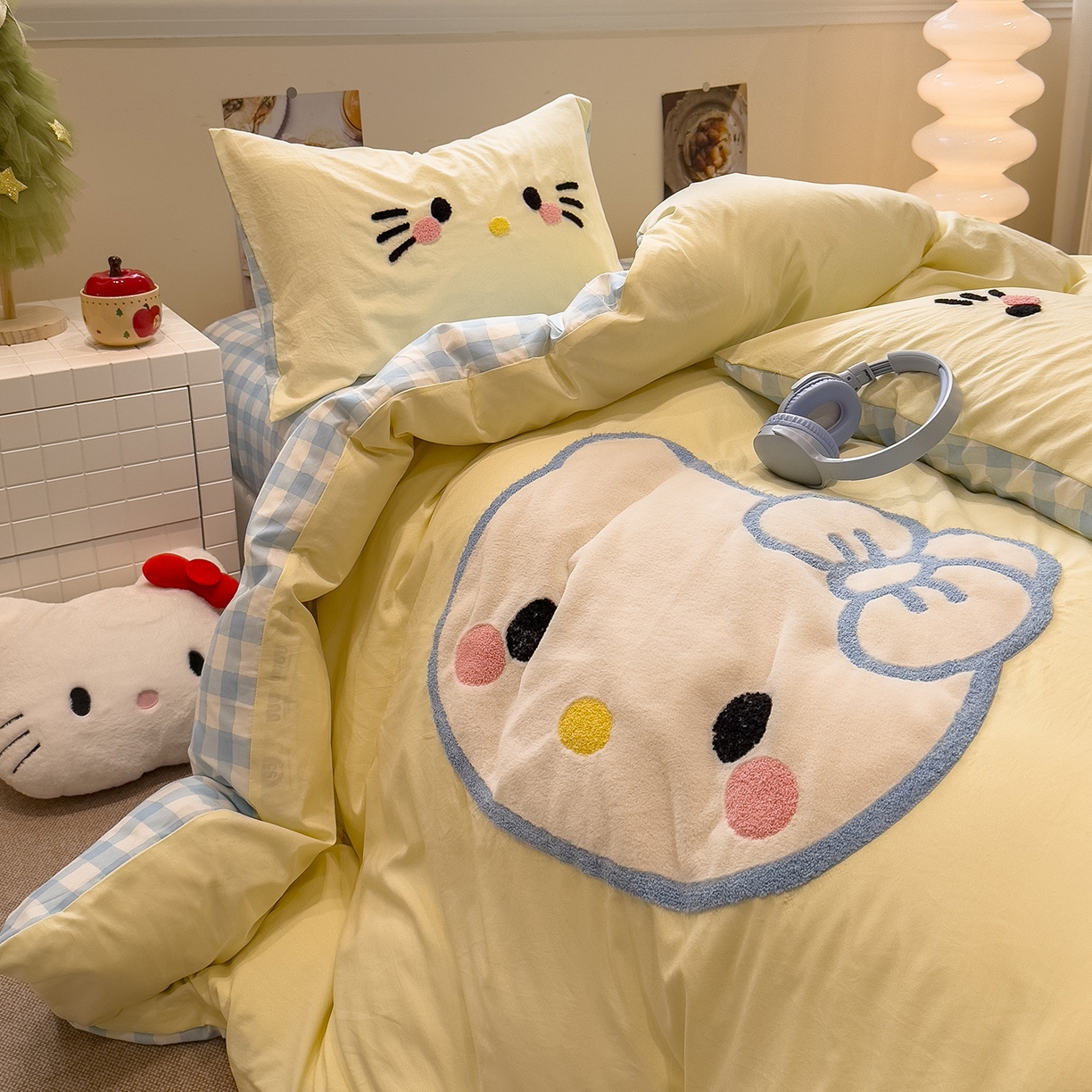 91家纺网 家纺一手货源 找家纺 曼谷家纺 2026年 水洗棉兔毛贴布绣萌小甜四件套被套床单学生双人 萌小甜-芝士兰格