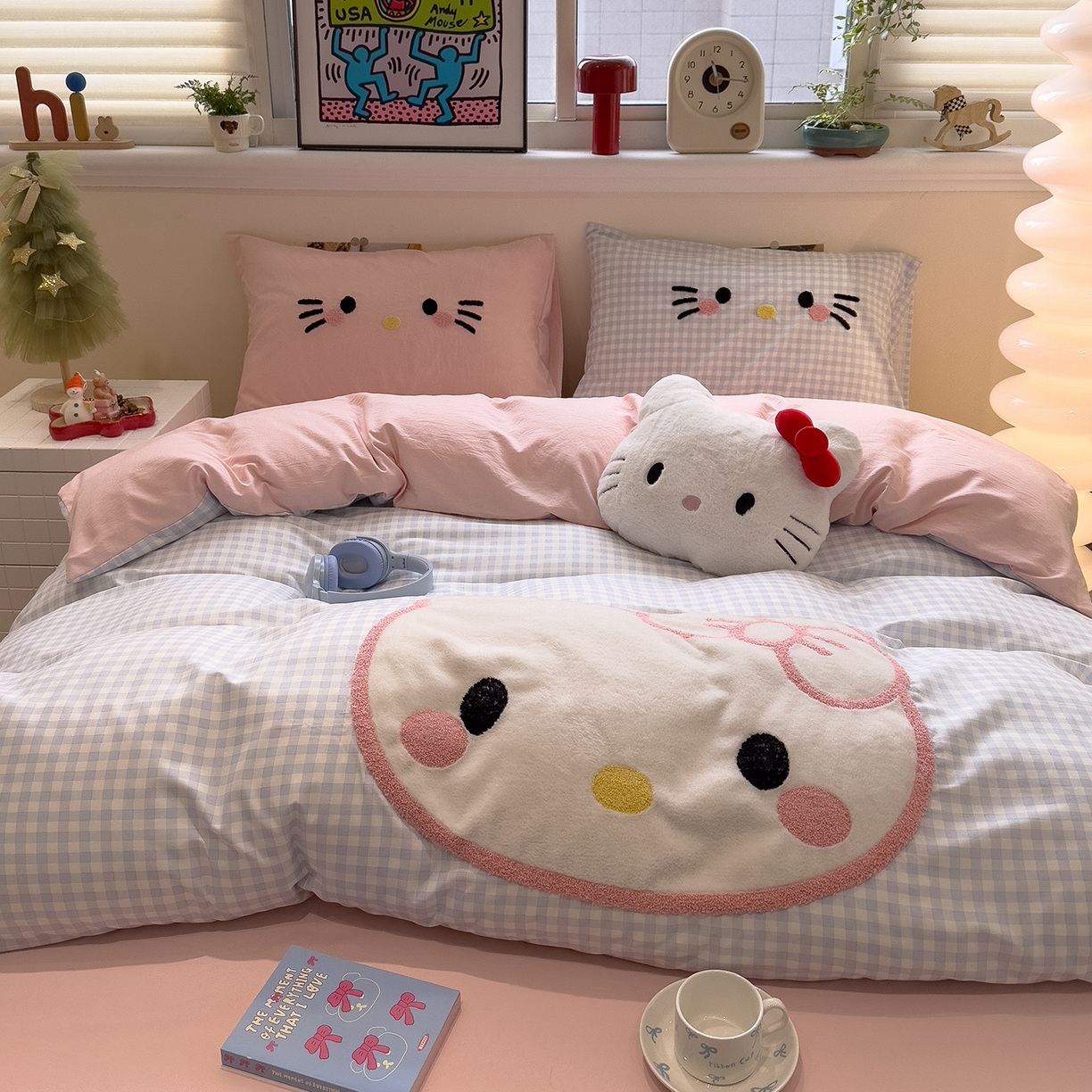 91家纺网 家纺一手货源 找家纺 曼谷家纺 2026年 水洗棉兔毛贴布绣萌小甜四件套被套床单学生双人 萌小甜-蓝小格粉