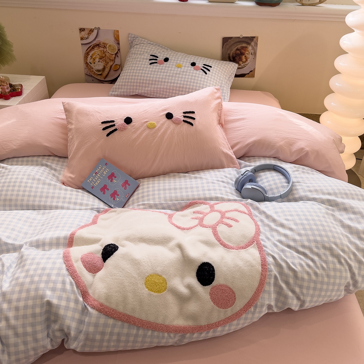 91家纺网 家纺一手货源 找家纺 曼谷家纺 2026年 水洗棉兔毛贴布绣萌小甜四件套被套床单学生双人 萌小甜-蓝小格粉