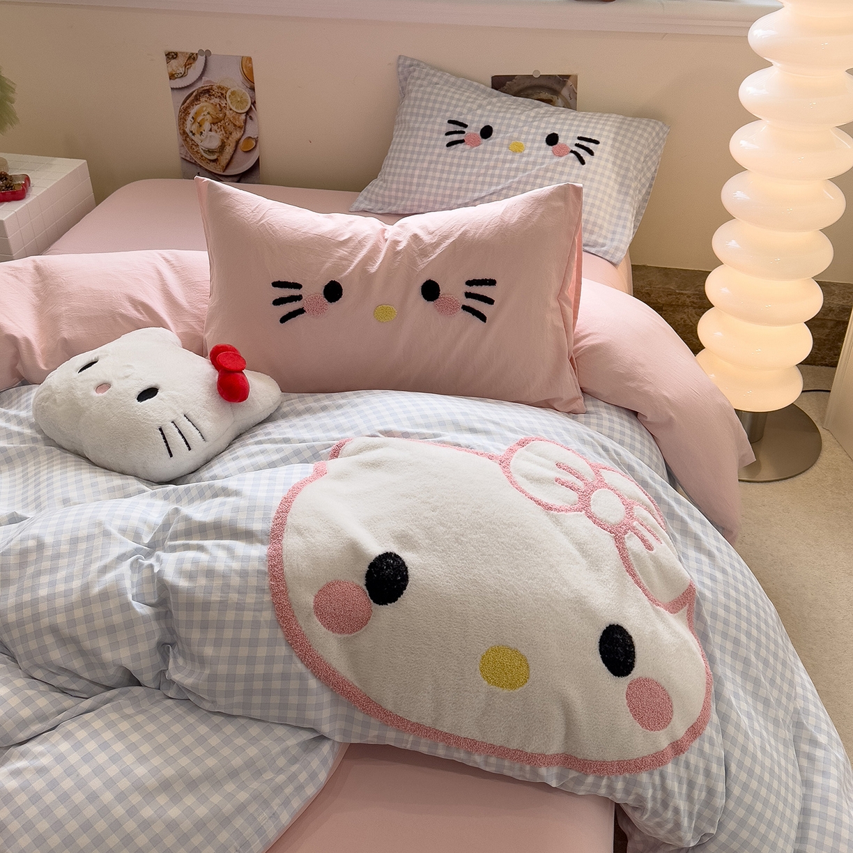 91家纺网 家纺一手货源 找家纺 曼谷家纺 2026年 水洗棉兔毛贴布绣萌小甜四件套被套床单学生双人 萌小甜-蓝小格粉