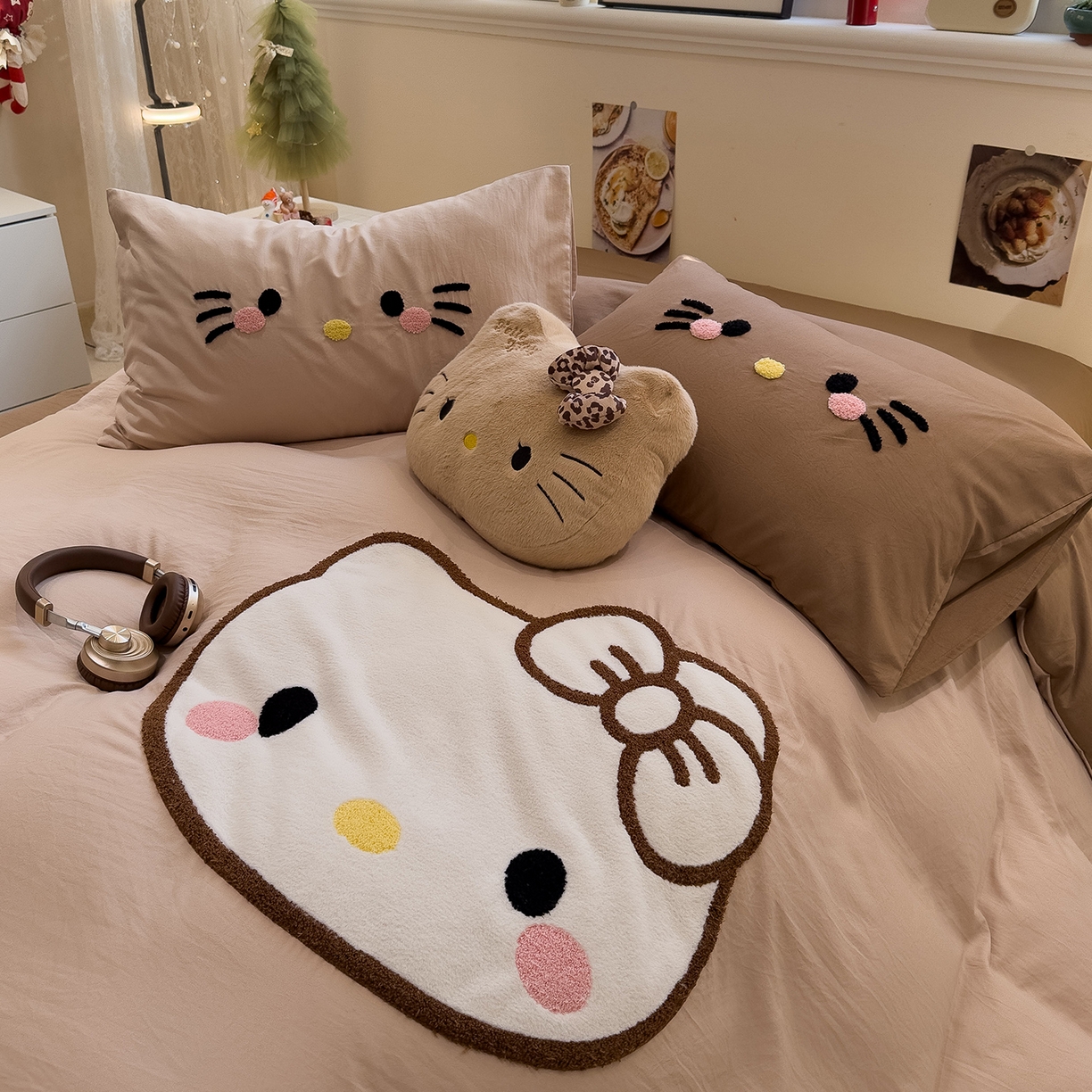 91家纺网 家纺一手货源 找家纺 曼谷家纺 2026年 水洗棉兔毛贴布绣萌小甜四件套被套床单学生双人 萌小甜-奶咖