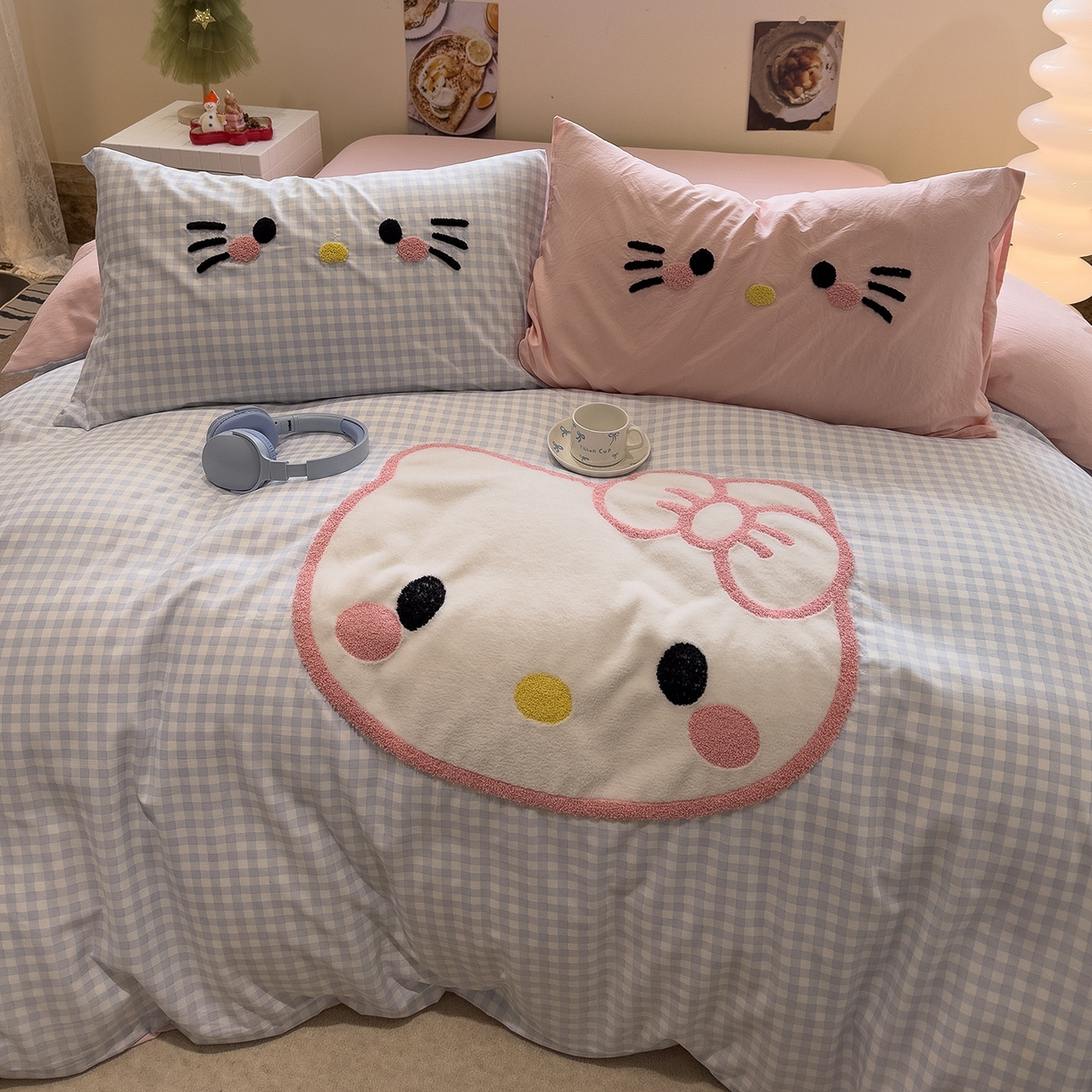 91家纺网 家纺一手货源 找家纺 曼谷家纺 2026年 水洗棉兔毛贴布绣萌小甜四件套被套床单学生双人 萌小甜-蓝小格粉