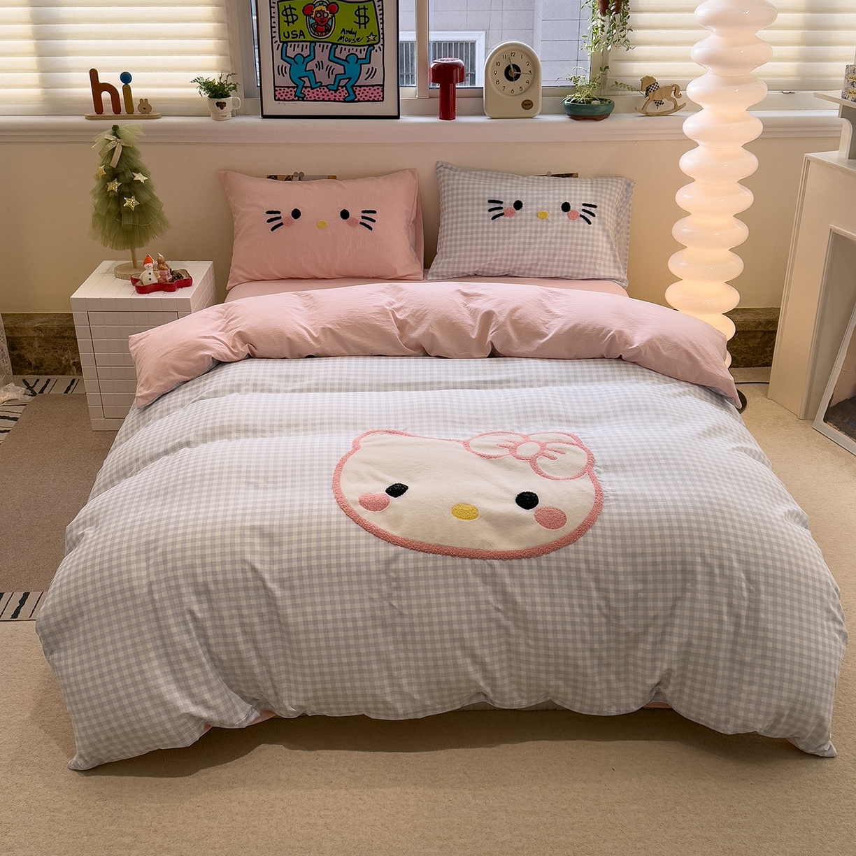 91家纺网 家纺一手货源 找家纺 曼谷家纺 2026年 水洗棉兔毛贴布绣萌小甜四件套被套床单学生双人 萌小甜-蓝小格粉