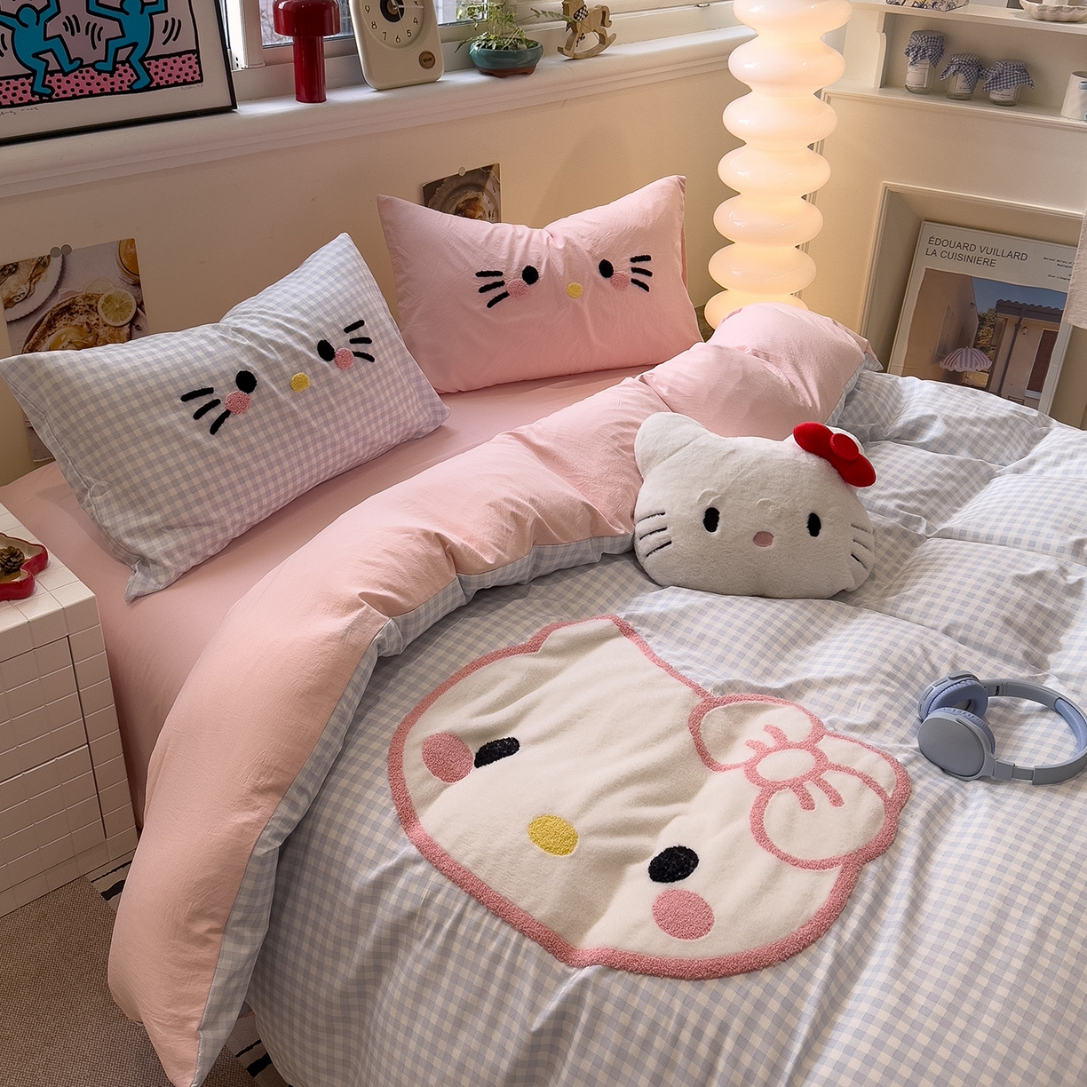 91家纺网 家纺一手货源 找家纺 曼谷家纺 2026年 水洗棉兔毛贴布绣萌小甜四件套被套床单学生双人 萌小甜-蓝小格粉