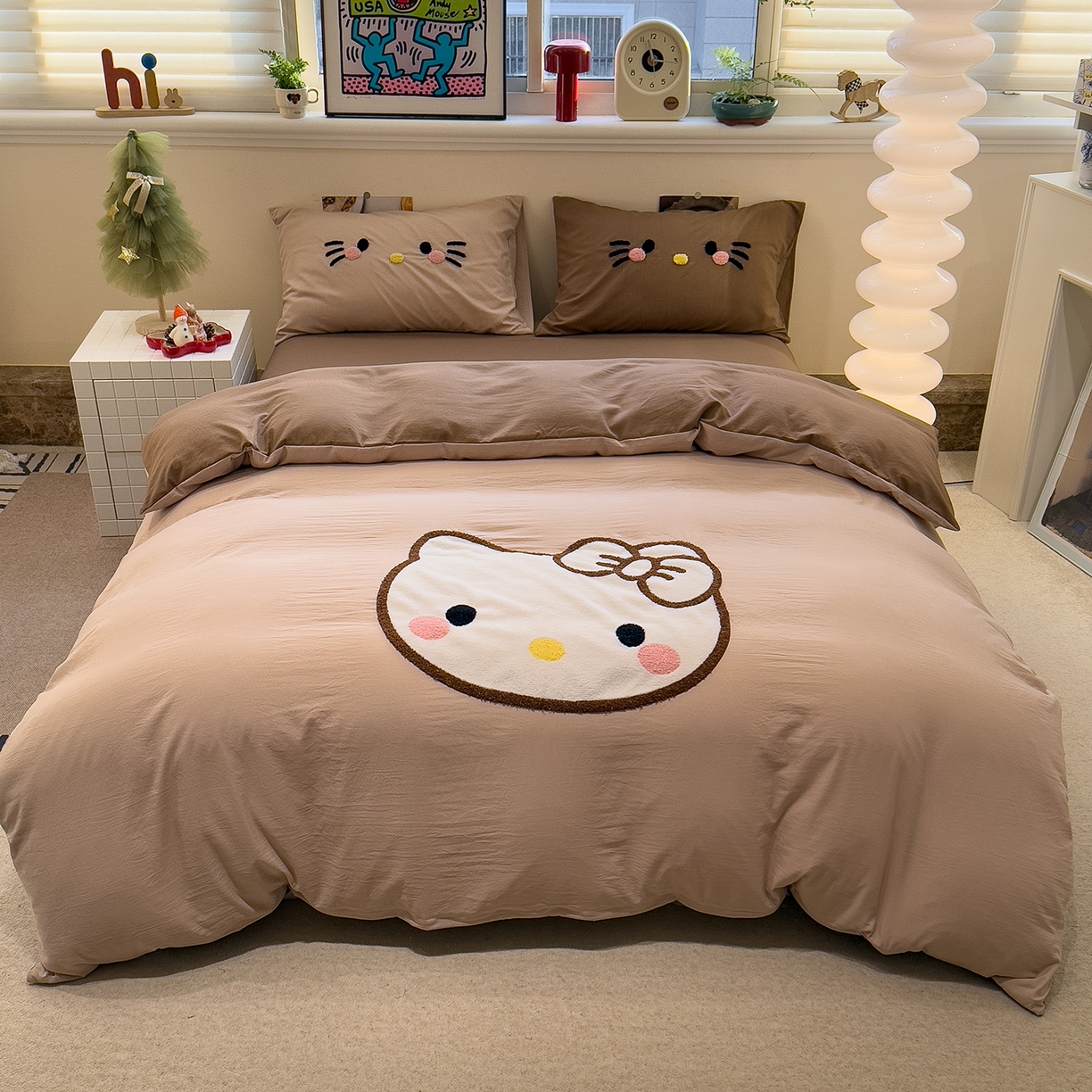 91家纺网 家纺一手货源 找家纺 曼谷家纺 2026年 水洗棉兔毛贴布绣萌小甜四件套被套床单学生双人 萌小甜-奶咖