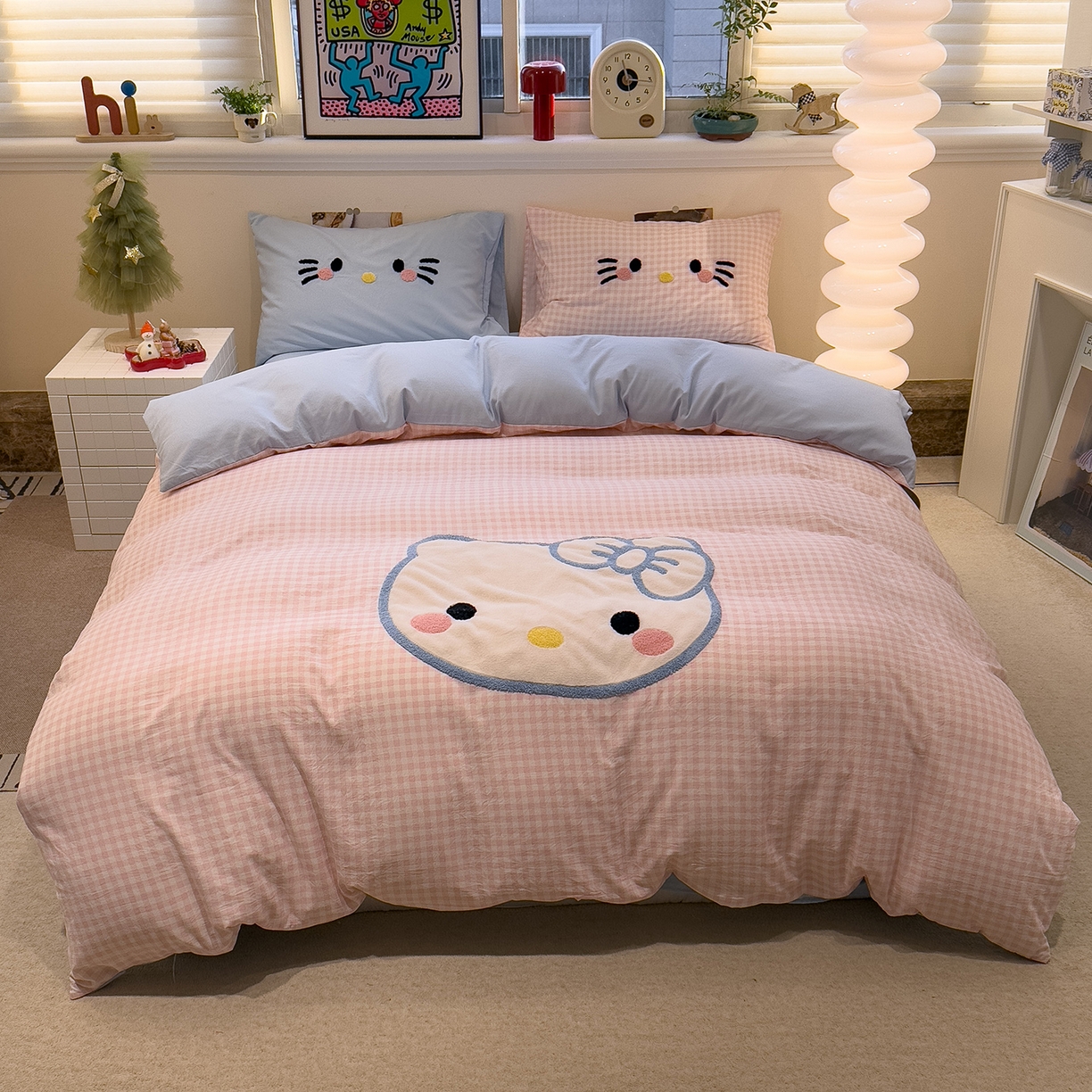 91家纺网 家纺一手货源 找家纺 曼谷家纺 2026年 水洗棉兔毛贴布绣萌小甜四件套被套床单学生双人 萌小甜-粉小格兰