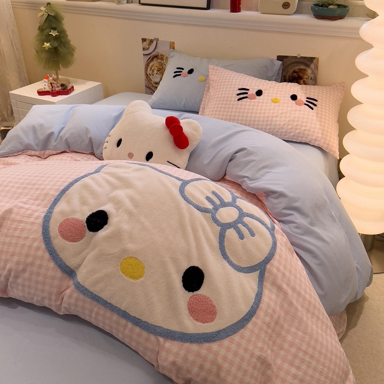 曼谷家纺 2026年 水洗棉兔毛贴布绣萌小甜四件套被套床单学生双人 萌小甜-粉小格兰