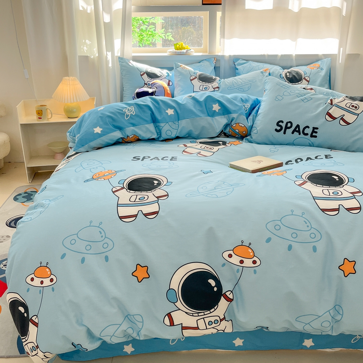 91家纺网 家纺一手货源 找家纺 孩子王家纺 2026新款卡通活性亲全棉纯棉专版太空人恐龙系列四件套 淘气星球