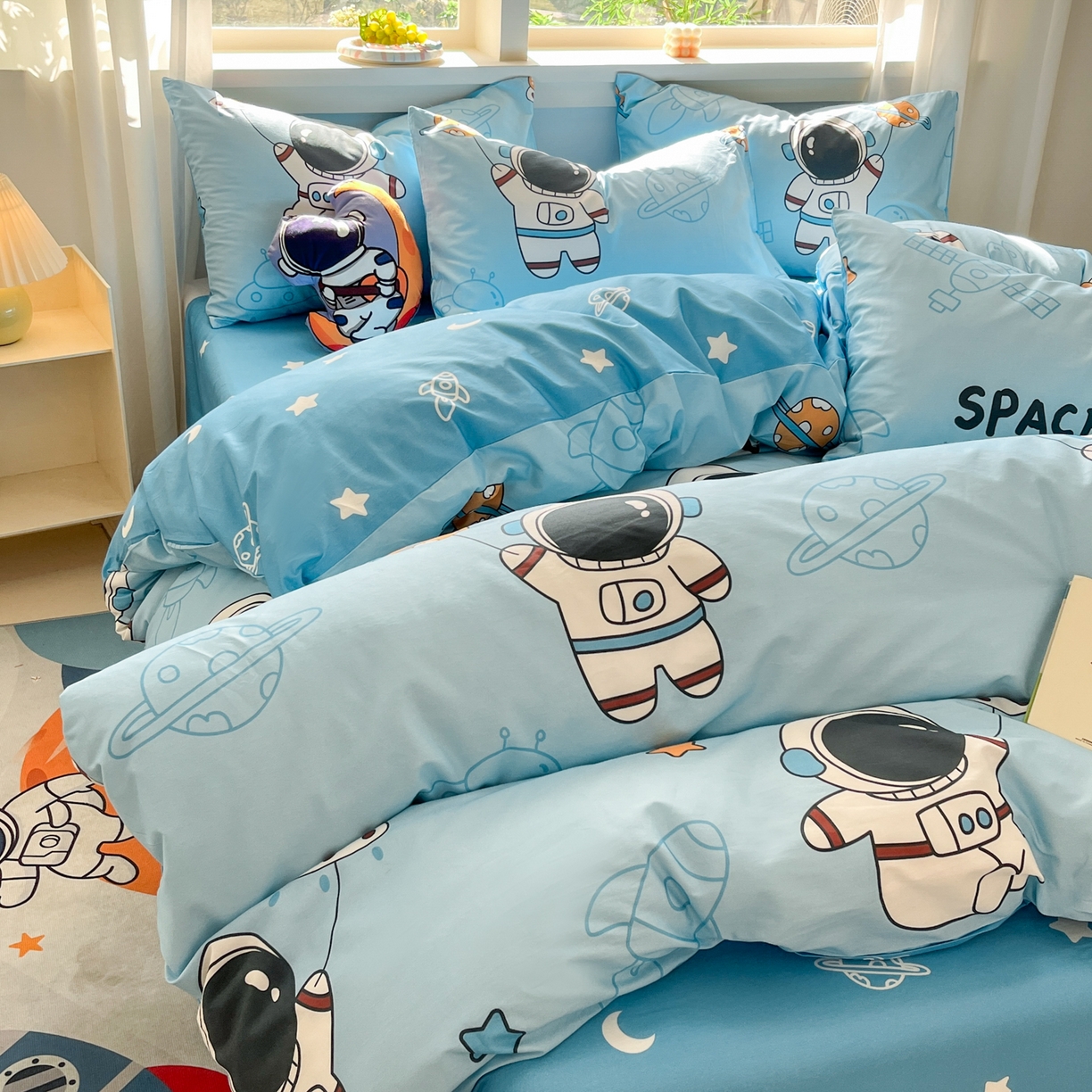 91家纺网 家纺一手货源 找家纺 孩子王家纺 2026新款卡通活性亲全棉纯棉专版太空人恐龙系列四件套 淘气星球