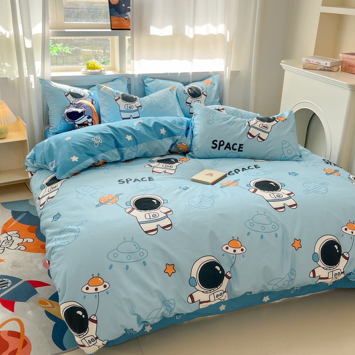 91家纺网 家纺一手货源 找家纺 孩子王家纺 2026新款卡通活性亲全棉纯棉专版太空人恐龙系列四件套 淘气星球