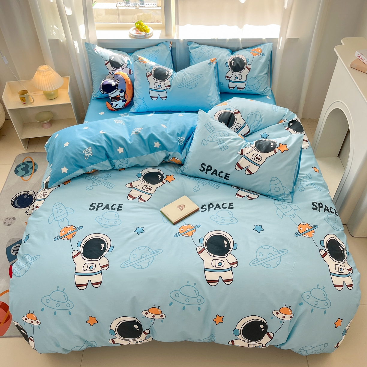 91家纺网 家纺一手货源 找家纺 孩子王家纺 2026新款卡通活性亲全棉纯棉专版太空人恐龙系列四件套 淘气星球