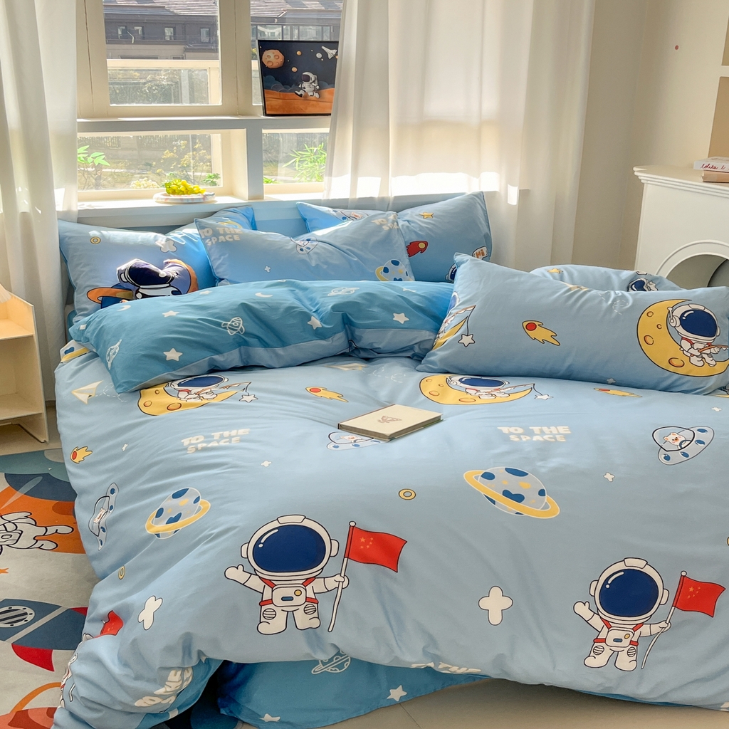 91家纺网 家纺一手货源 找家纺 孩子王家纺 2026新款卡通活性亲全棉纯棉专版太空人恐龙系列四件套 探索星空