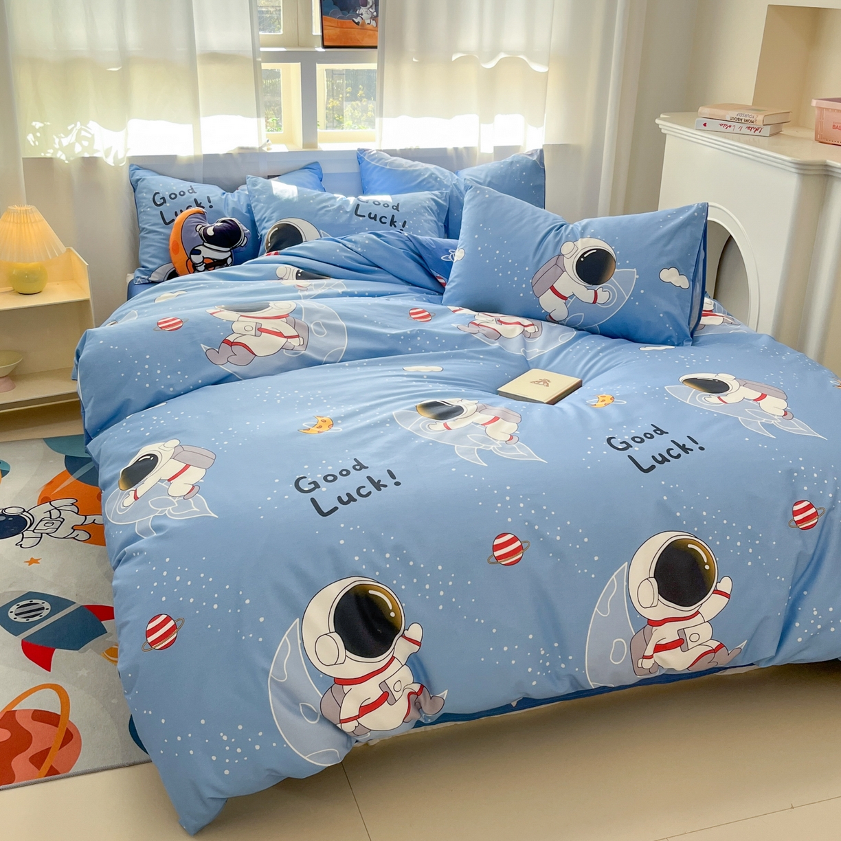 91家纺网 家纺一手货源 找家纺 孩子王家纺 2026新款卡通活性亲全棉纯棉专版太空人恐龙系列四件套 太空火箭