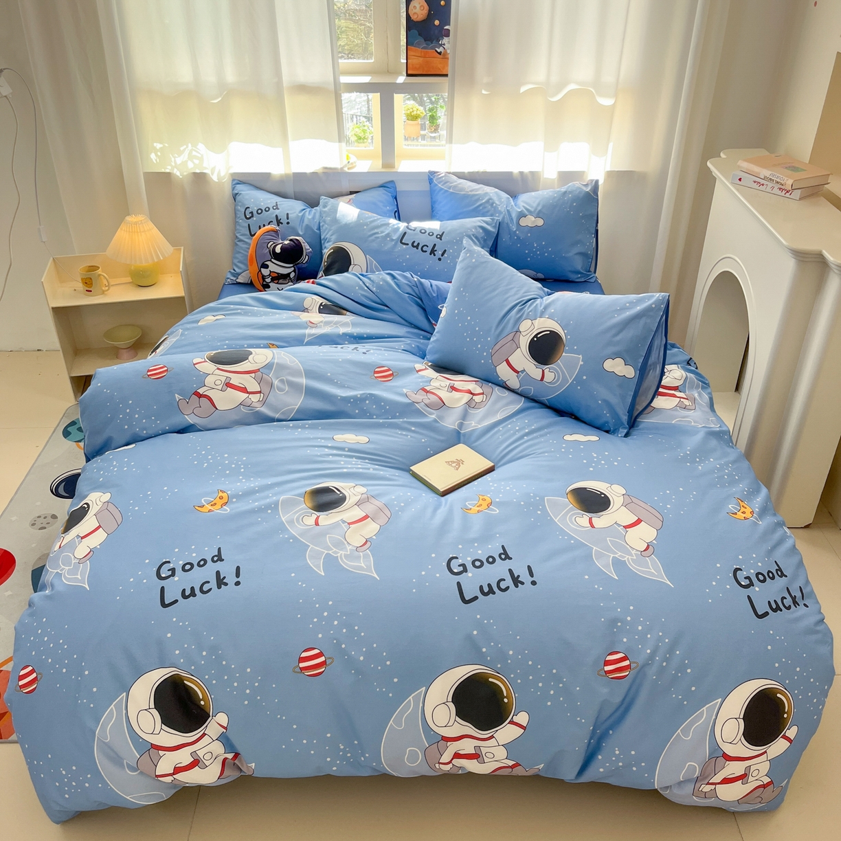 91家纺网 家纺一手货源 找家纺 孩子王家纺 2026新款卡通活性亲全棉纯棉专版太空人恐龙系列四件套 太空火箭