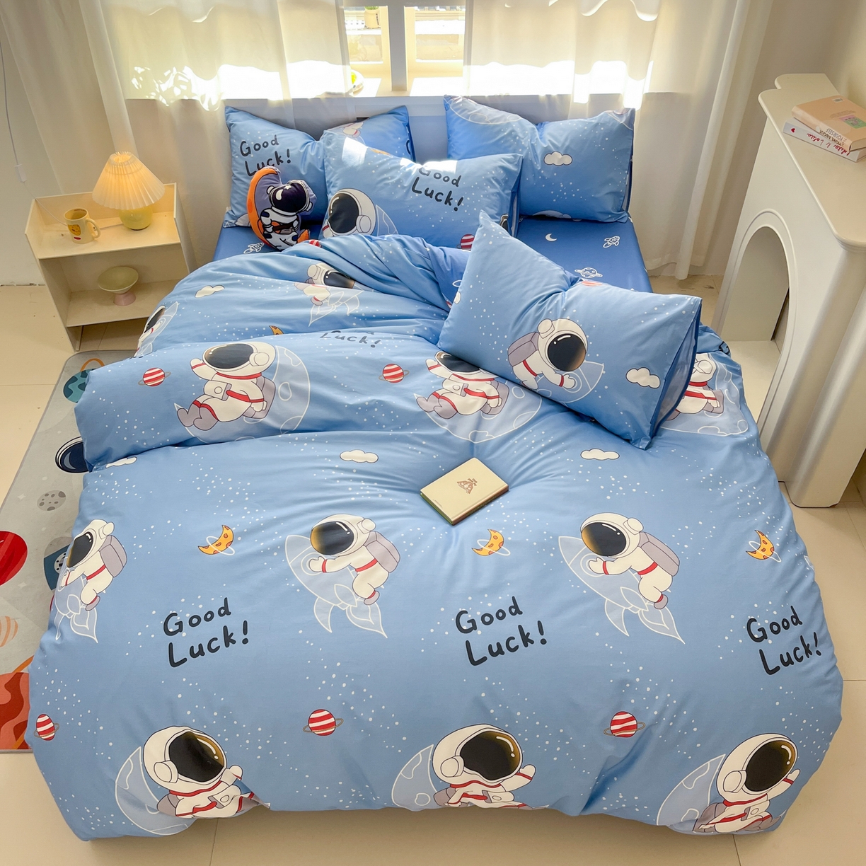 91家纺网 家纺一手货源 找家纺 孩子王家纺 2026新款卡通活性亲全棉纯棉专版太空人恐龙系列四件套 太空火箭