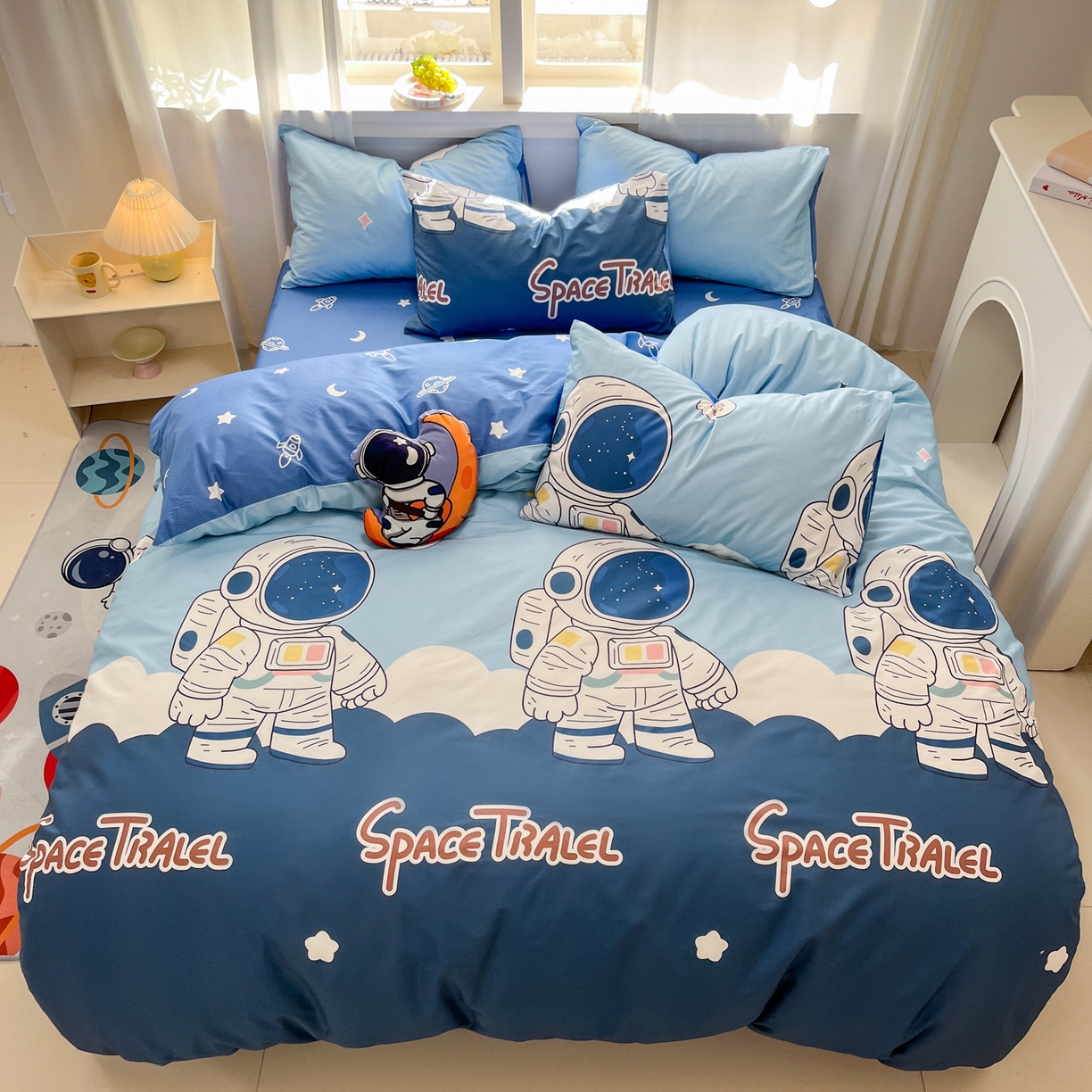 91家纺网 家纺一手货源 找家纺 孩子王家纺 2026新款卡通活性亲全棉纯棉专版太空人恐龙系列四件套 冒险家