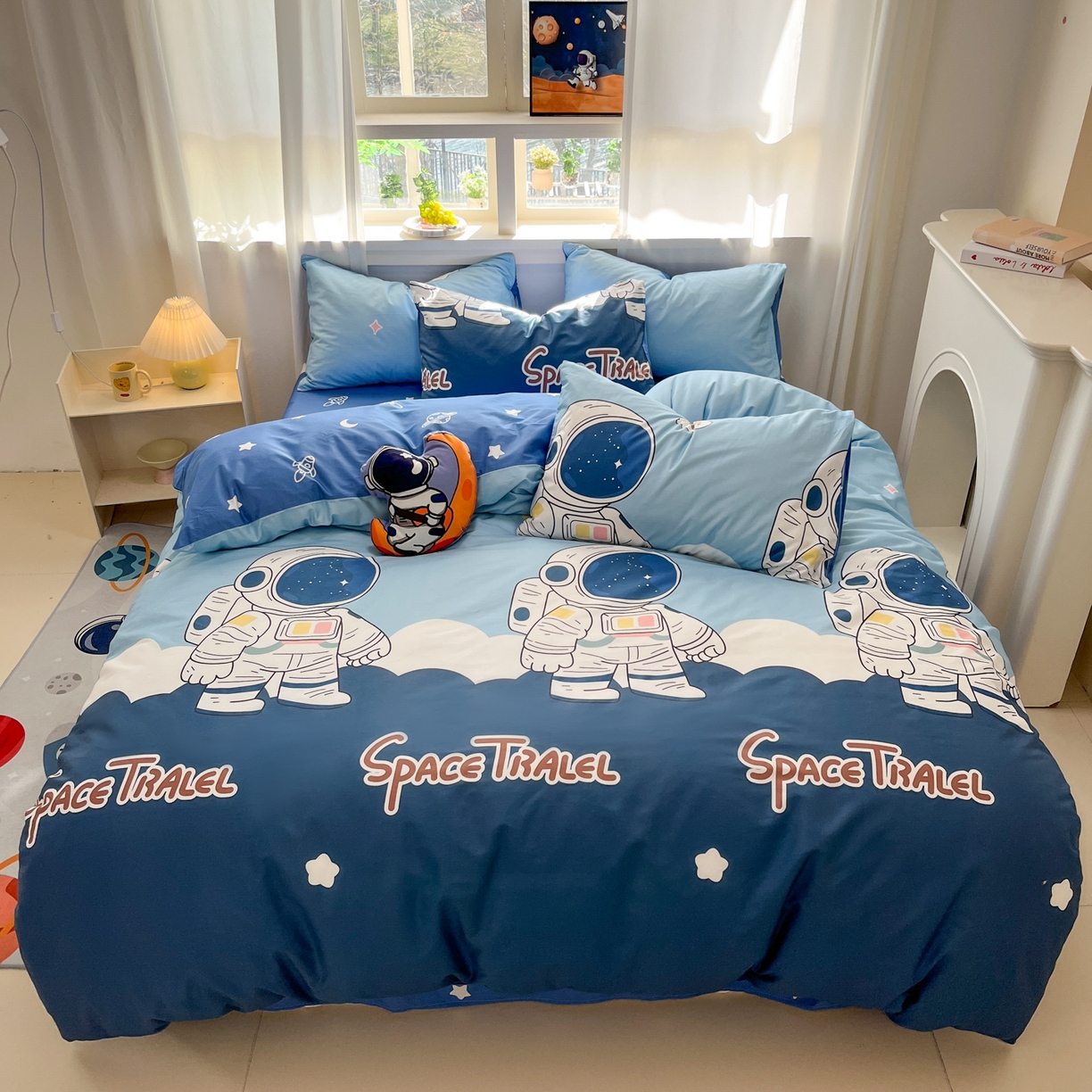 91家纺网 家纺一手货源 找家纺 孩子王家纺 2026新款卡通活性亲全棉纯棉专版太空人恐龙系列四件套 冒险家