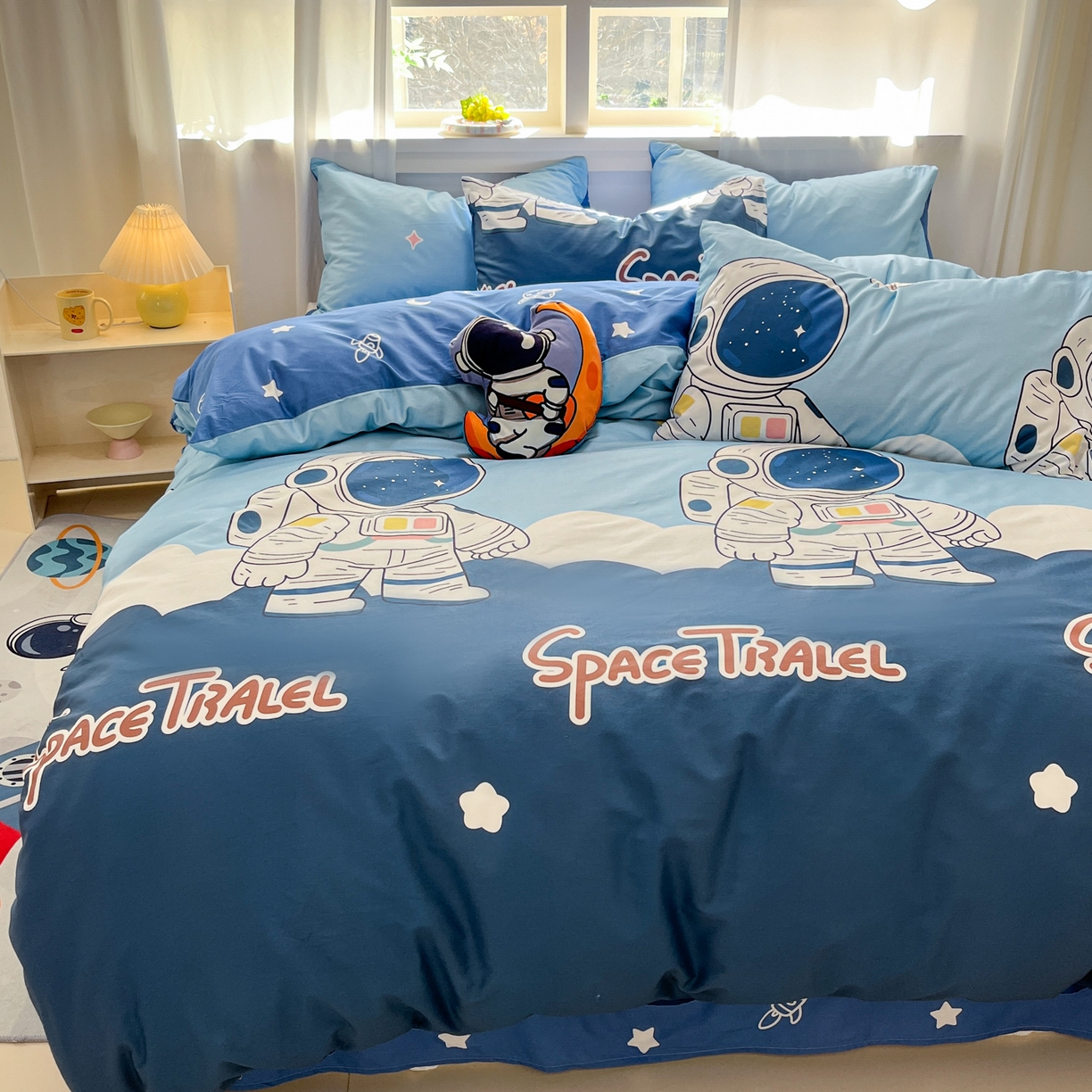 91家纺网 家纺一手货源 找家纺 孩子王家纺 2026新款卡通活性亲全棉纯棉专版太空人恐龙系列四件套 冒险家