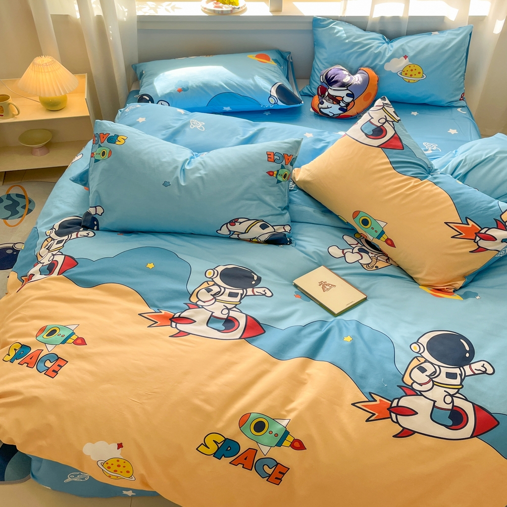 91家纺网 家纺一手货源 找家纺 孩子王家纺 2026新款卡通活性亲全棉纯棉专版太空人恐龙系列四件套 奇幻宇宙