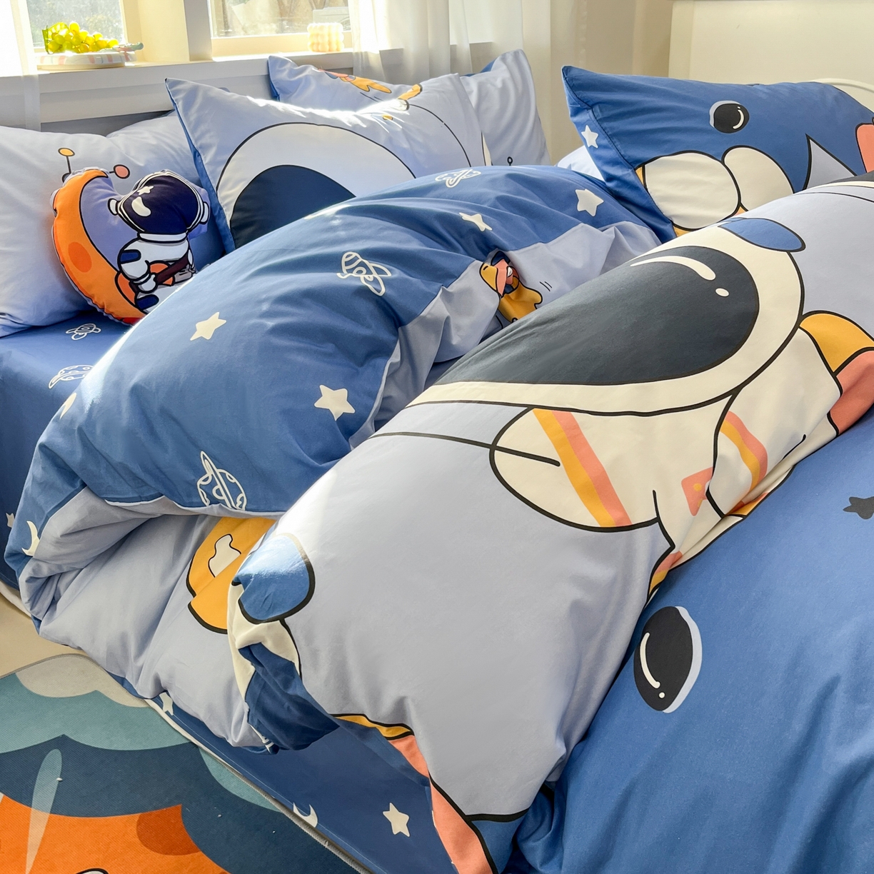 孩子王家纺 2026新款卡通活性亲全棉纯棉专版太空人恐龙系列四件套 快乐宇航员