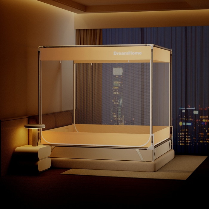 91家纺网 家纺一手货源 找家纺 宅部落 2026新款防摔全底坐床蚊帐-字母 字母-淡米黄