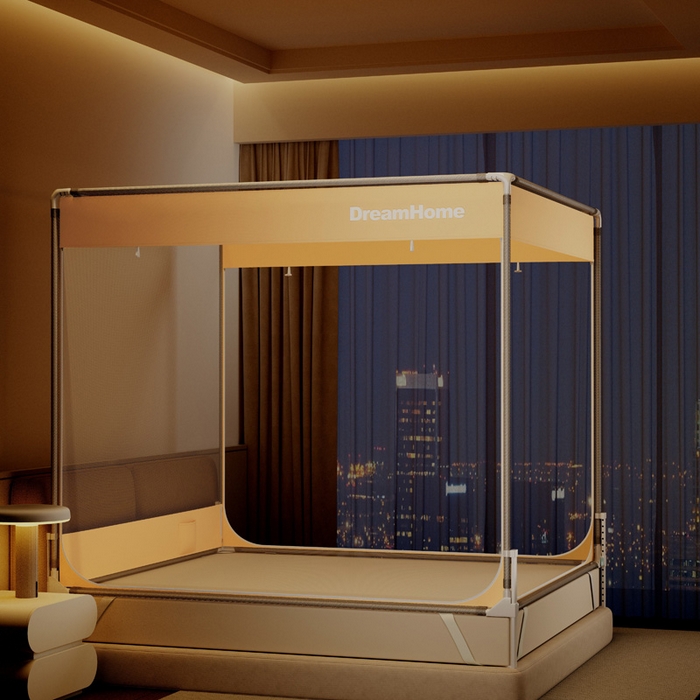 91家纺网 家纺一手货源 找家纺 宅部落 2026新款防摔全底坐床蚊帐-字母 字母-淡米黄