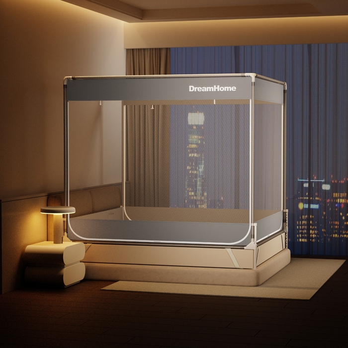 91家纺网 家纺一手货源 找家纺 宅部落 2026新款防摔全底坐床蚊帐-字母 字母-高级灰