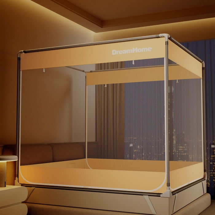 91家纺网 家纺一手货源 找家纺 宅部落 2026新款防摔全底坐床蚊帐-字母 字母-淡米黄