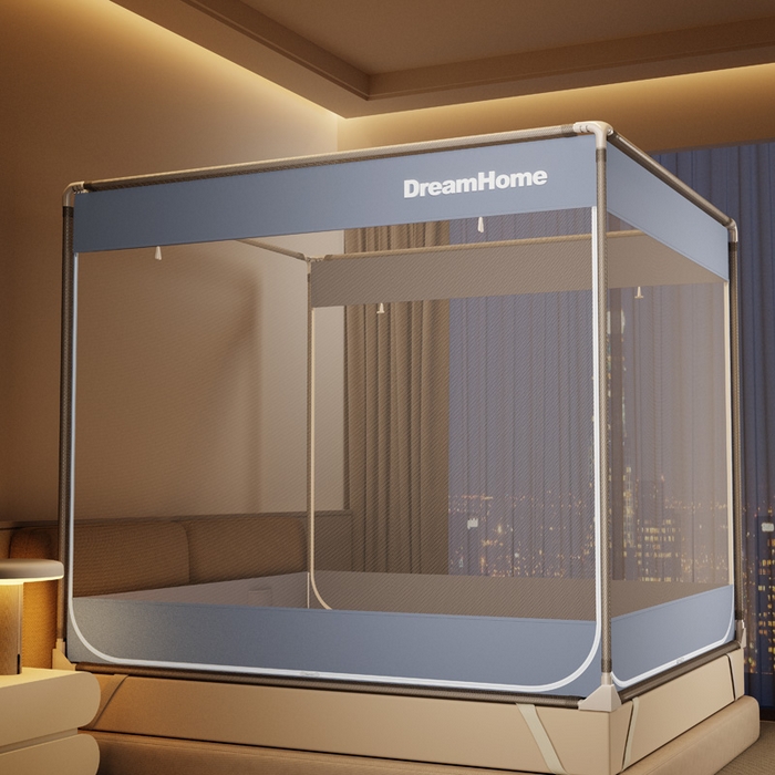 91家纺网 家纺一手货源 找家纺 宅部落 2026新款防摔全底坐床蚊帐-字母 字母-蓝灰色