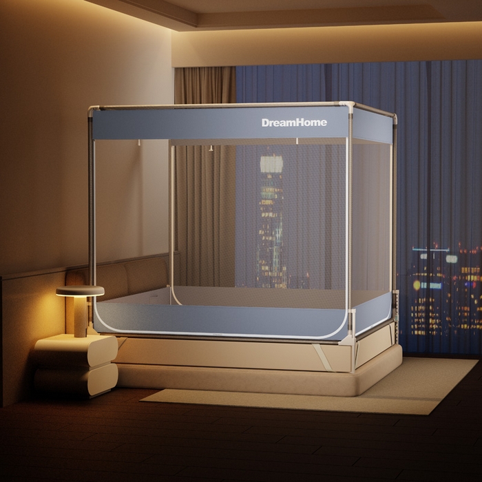 91家纺网 家纺一手货源 找家纺 宅部落 2026新款防摔全底坐床蚊帐-字母 字母-蓝灰色