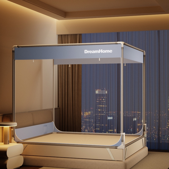 91家纺网 家纺一手货源 找家纺 宅部落 2026新款防摔全底坐床蚊帐-字母 字母-蓝灰色