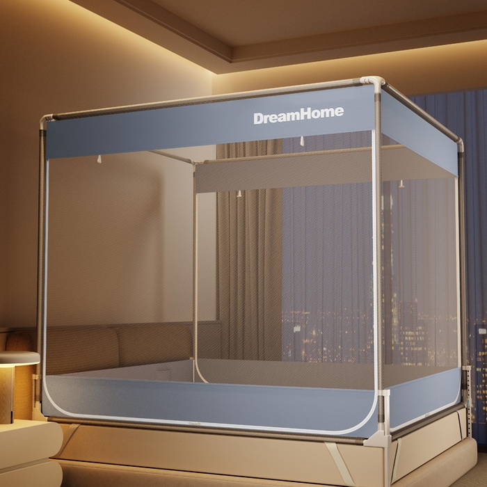 91家纺网 家纺一手货源 找家纺 宅部落 2026新款防摔全底坐床蚊帐-字母 字母-蓝灰色