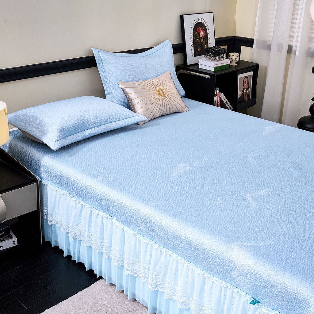 91家纺网 家纺一手货源 找家纺 梵克保罗 2026新款A类凉感豆豆席床单款凉席席子-岚光山色 床单款-岚光山色蓝