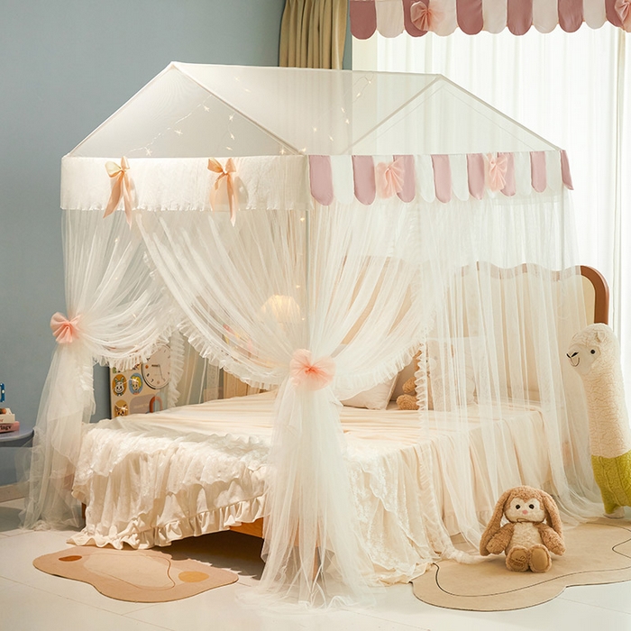 91家纺网 家纺一手货源 找家纺 富莱星蚊帐 2026春夏新款坐床支架落地蚊帐小房子-甜美公主 甜美公主-珍珠白