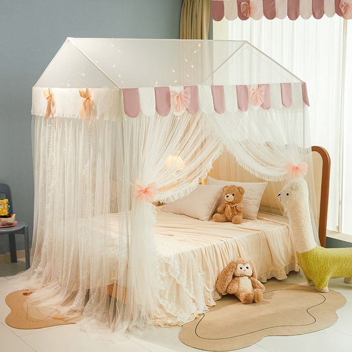 91家纺网 家纺一手货源 找家纺 富莱星蚊帐 2026春夏新款坐床支架落地蚊帐小房子-甜美公主 甜美公主-珍珠白