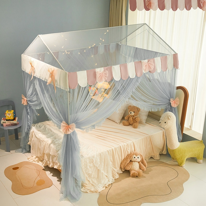 91家纺网 家纺一手货源 找家纺 富莱星蚊帐 2026春夏新款坐床支架落地蚊帐小房子-甜美公主 甜美公主-灰